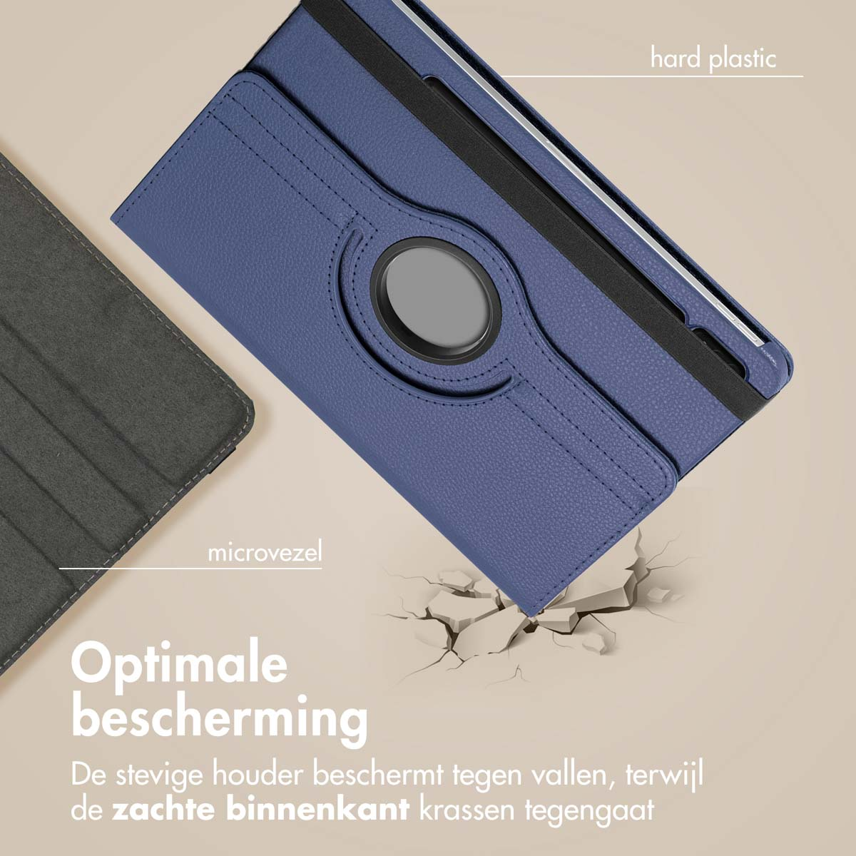 Blue faux leather tablet cover with hard plastic backing and microfiber.