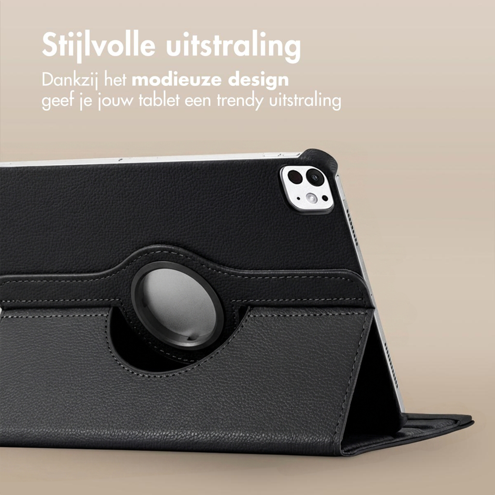 Black tablet case with rear camera and rotating ring.