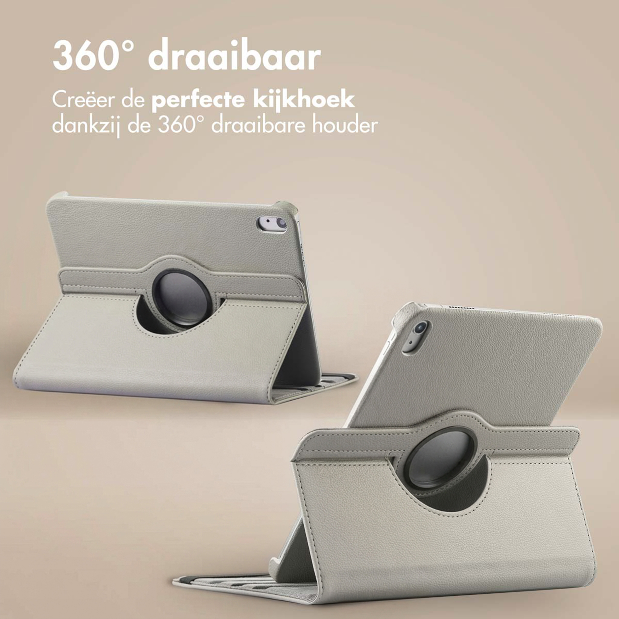 A light gray tablet in a 360-degree rotating case, displayed on a surface.
