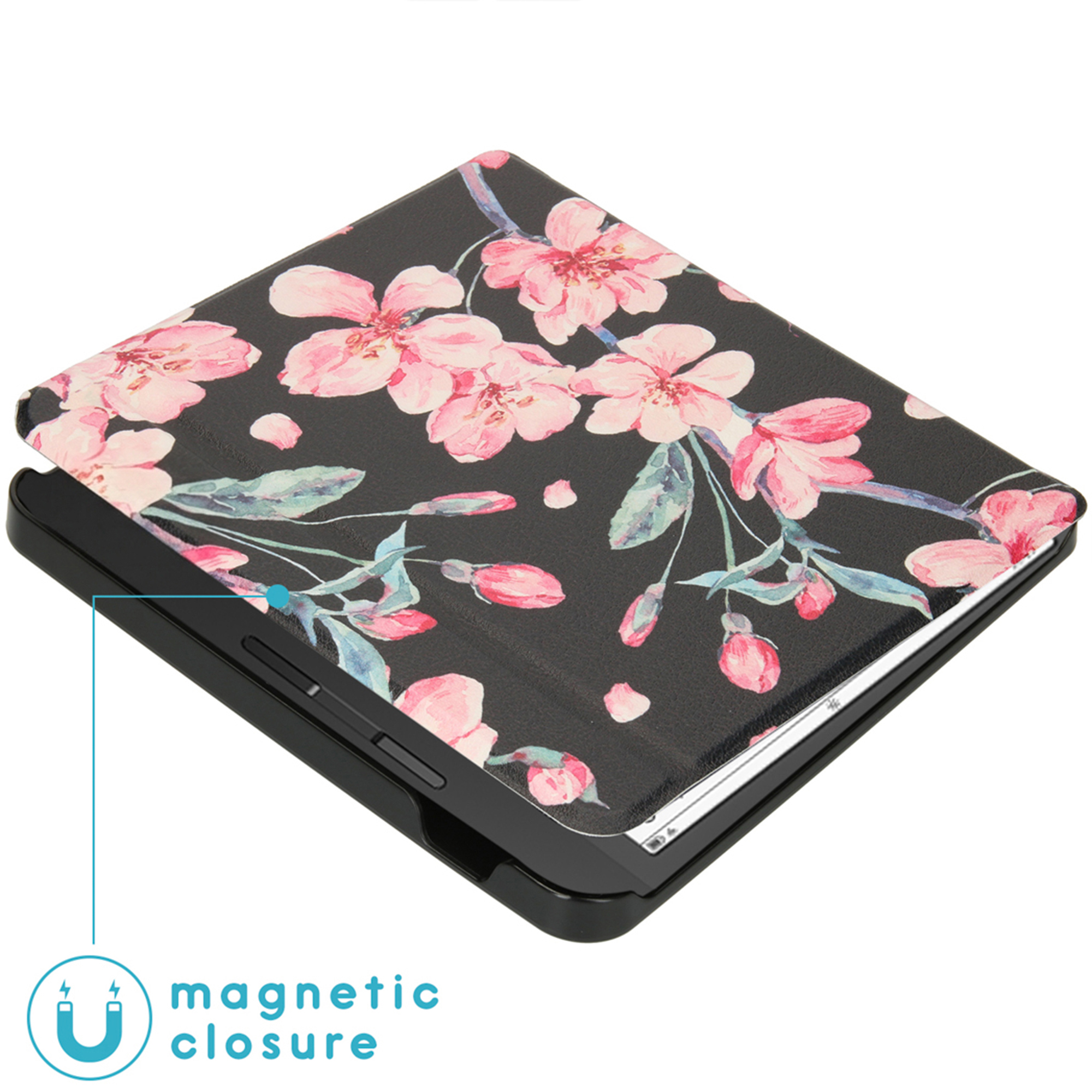 Zwarte boekomslag met roze kersenbloesempatroon en magnetische sluiting.