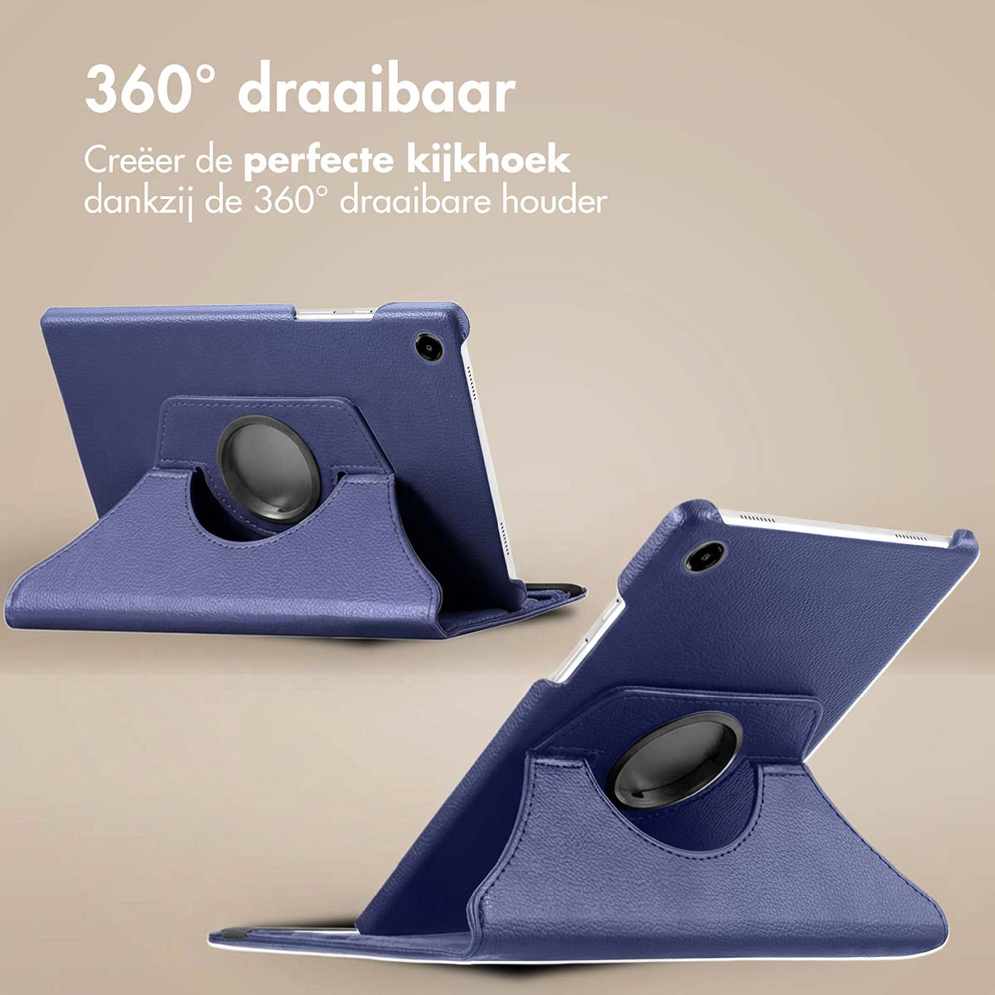 A blue tablet stand with a rotating holder and tablet.