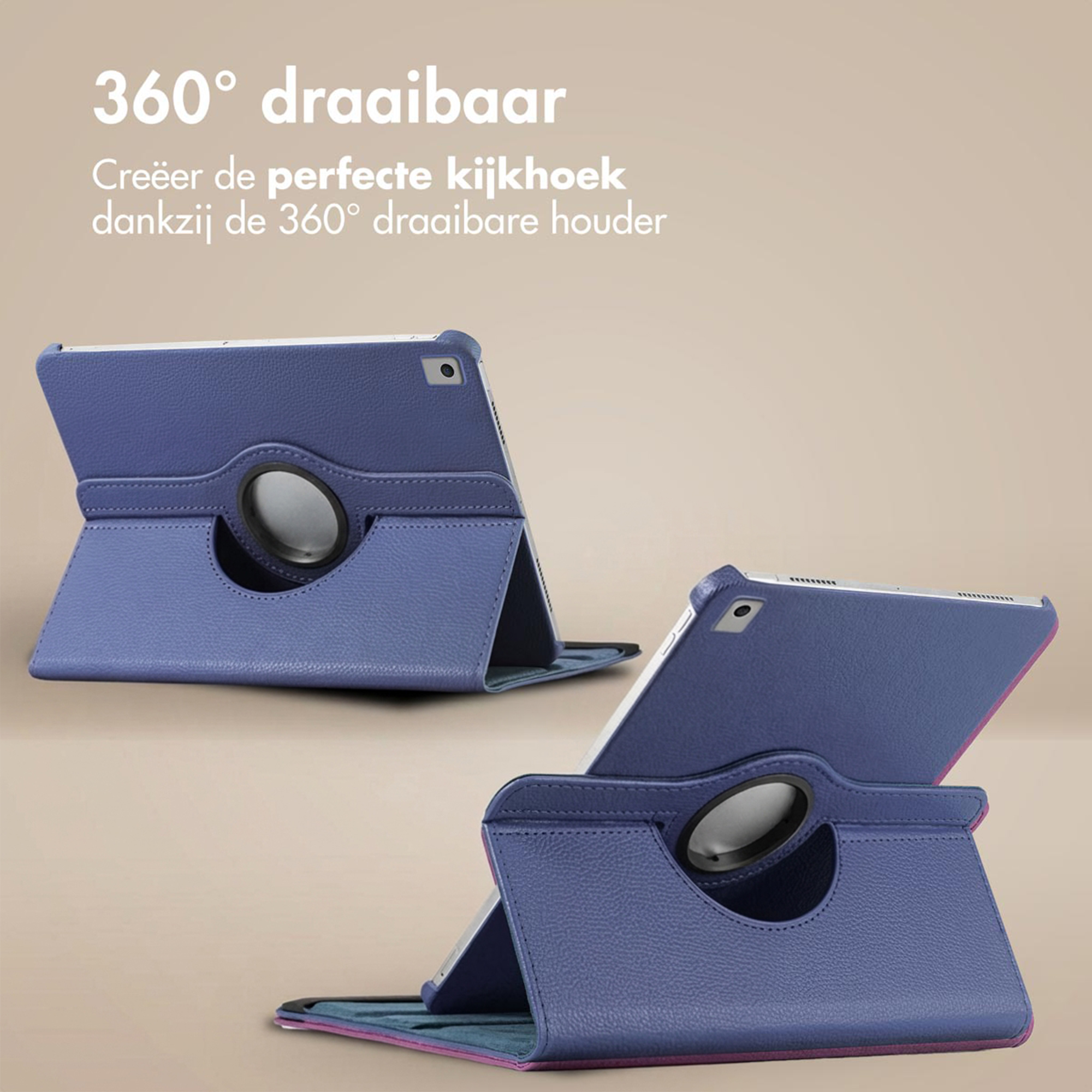 A purple tablet case with 360-degree rotation feature, shown in two views.