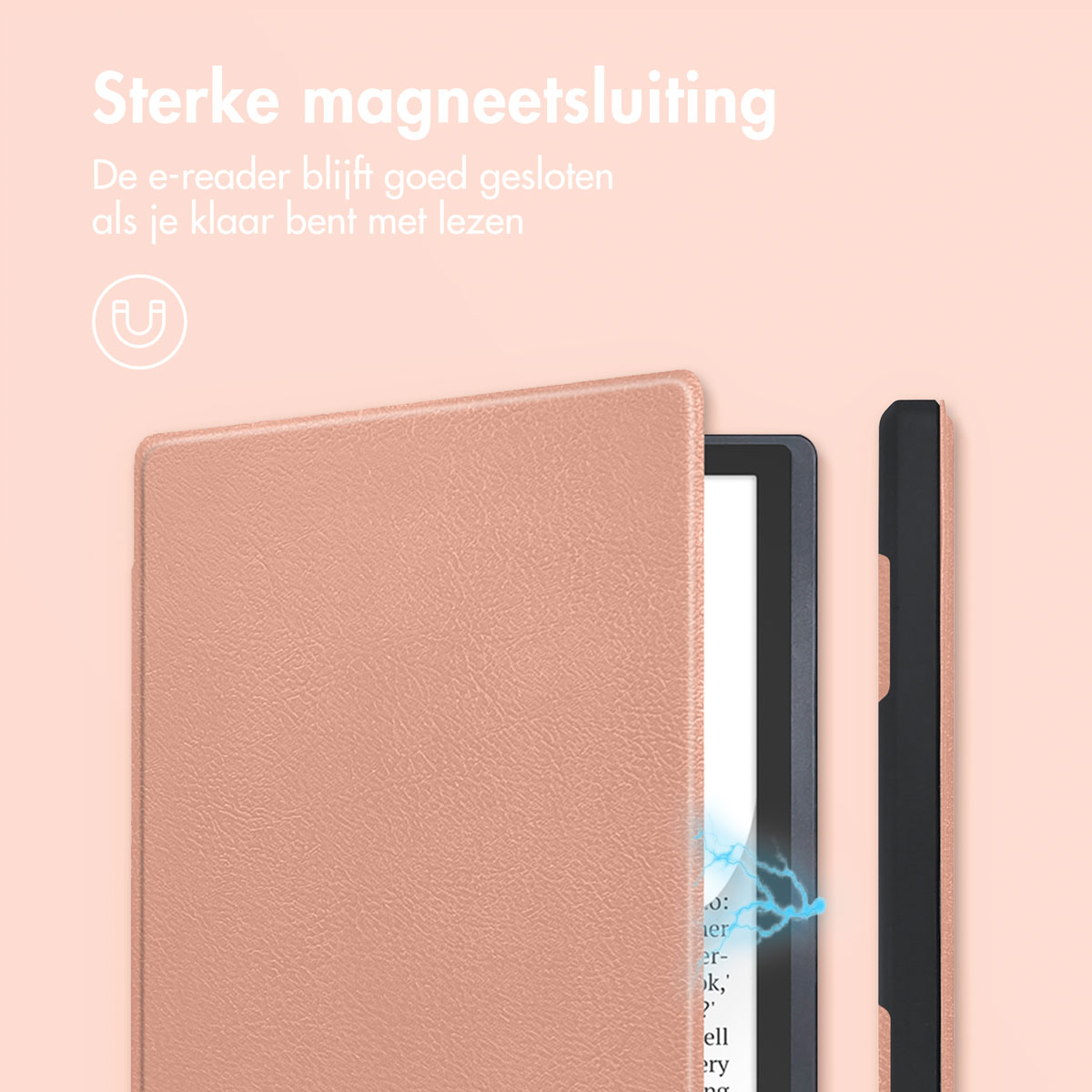 Un étui rose pour liseuse avec fermeture magnétique et écran d'affichage.