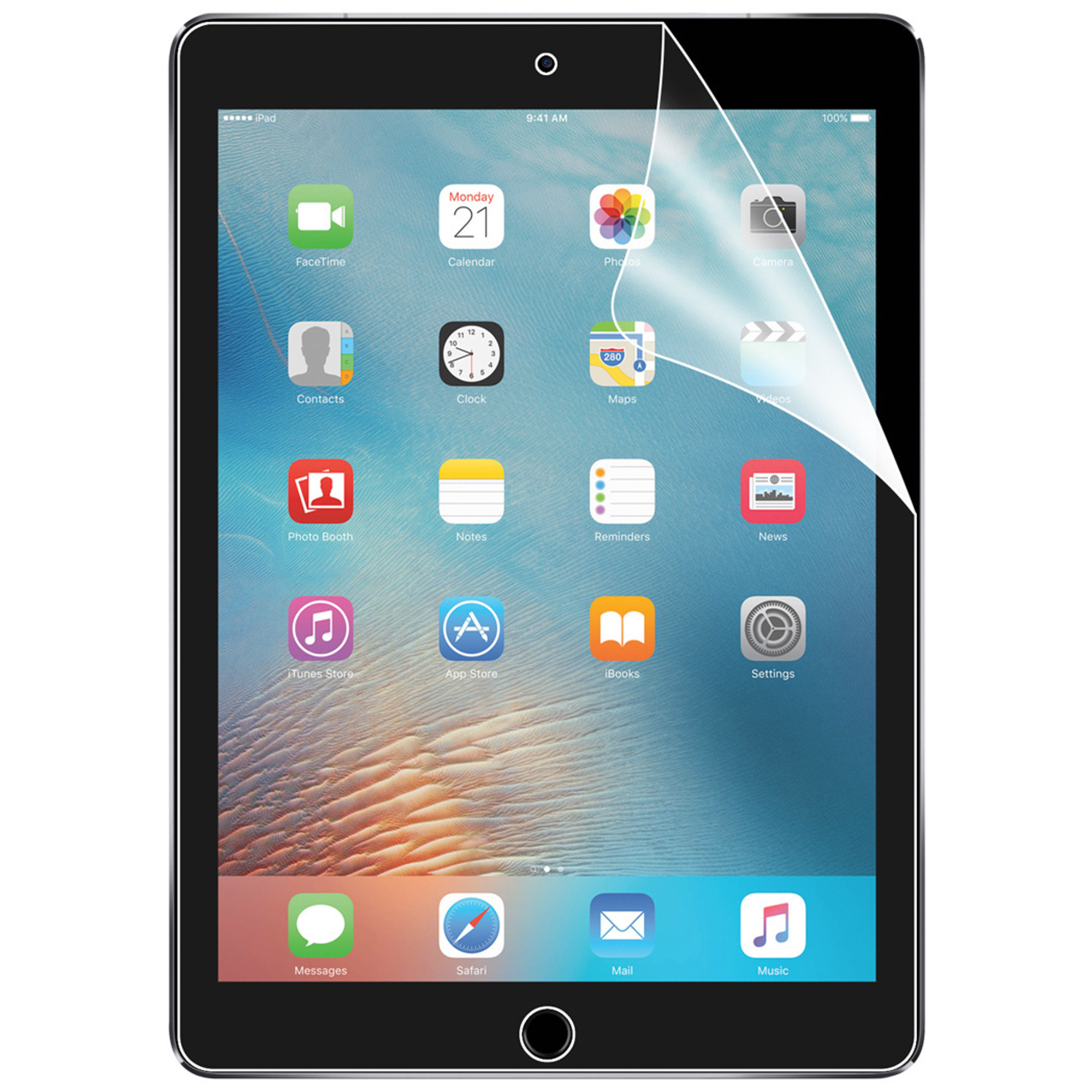 An iPad displays apps like FaceTime, Calendar, Photos, and Camera. A screen protector is being applied.