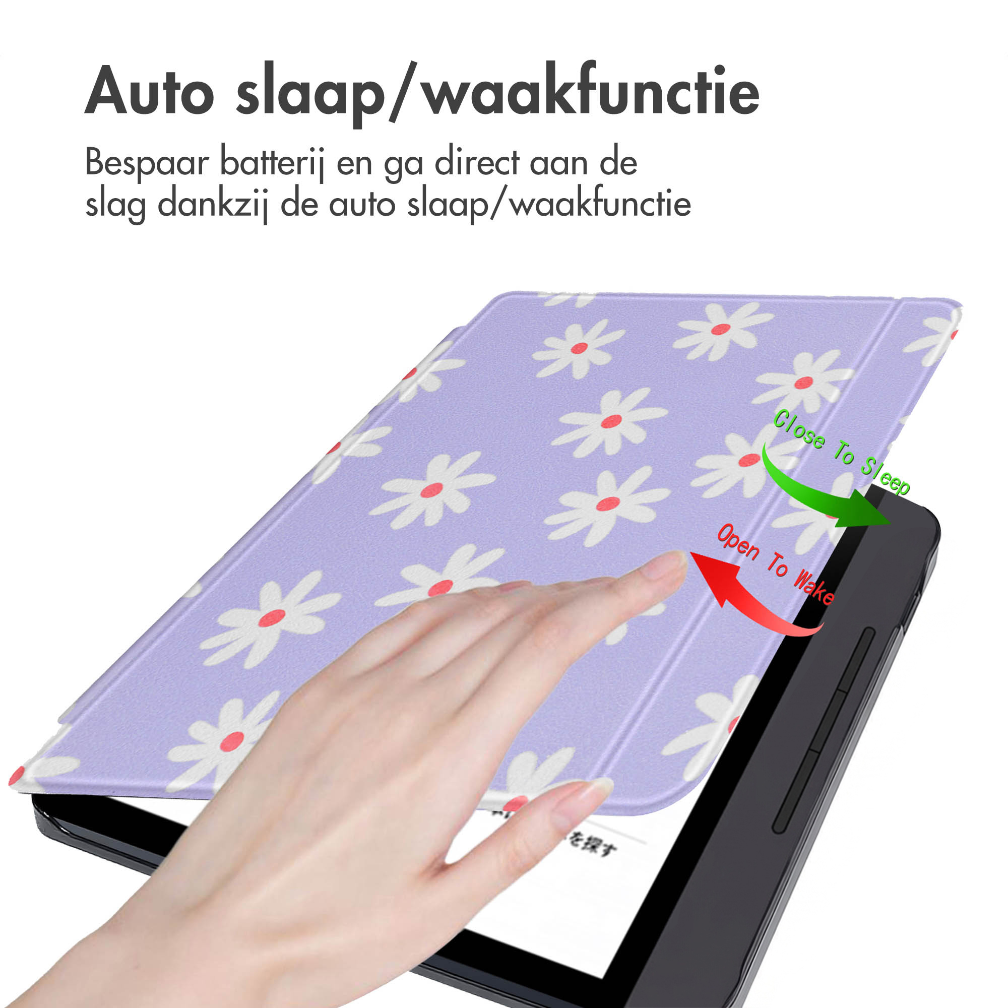 Une housse de tablette violet clair avec des fleurs blanches et des centres rouges.
