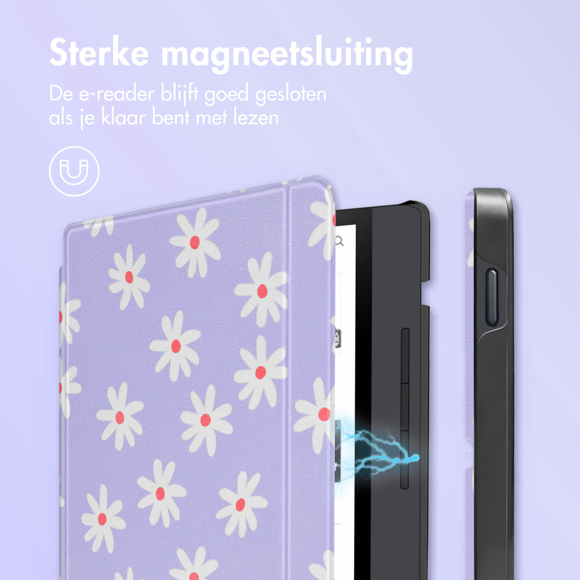 Étui violet avec des fleurs blanches et centres rouges protégeant une liseuse.