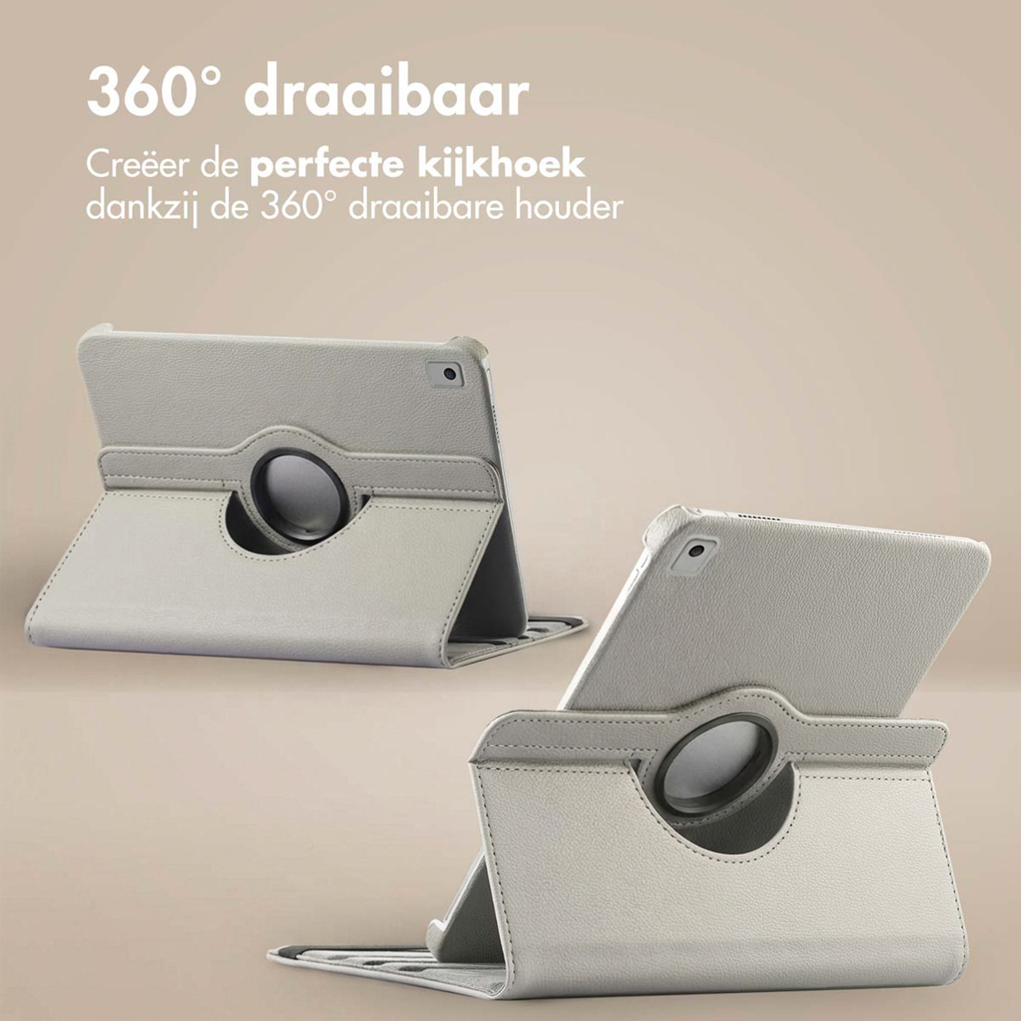 Twee grijze tablethoesjes met 360 graden rotatie op een beige achtergrond.