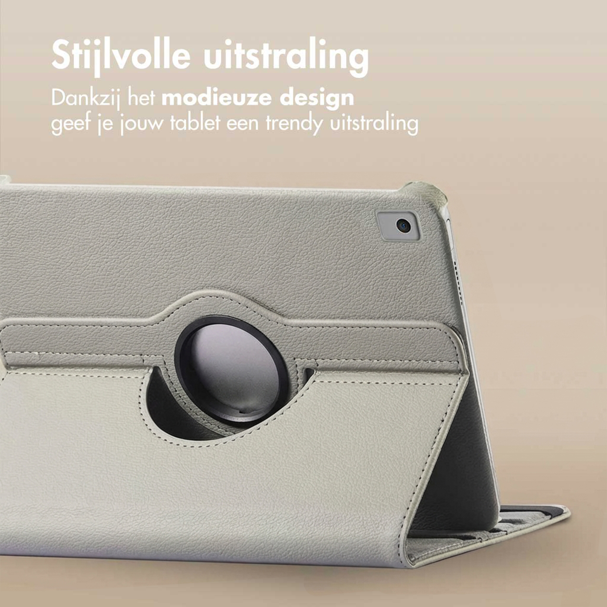 Grijze tablethoes met draaifunctie en camera-uitsparing. Stijlvol design.