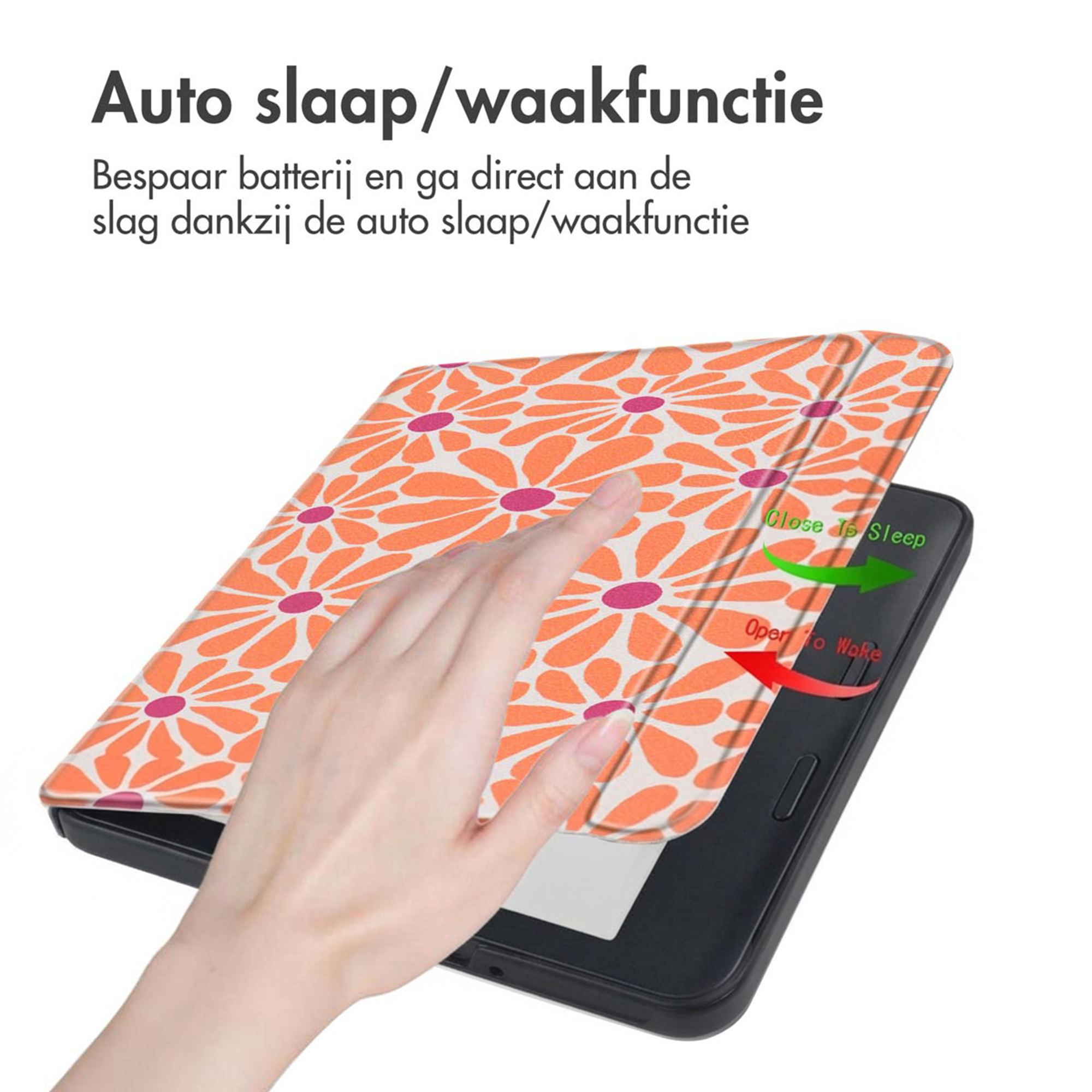 An orange floral pattern cover is closing on an e-reader to put it to sleep.