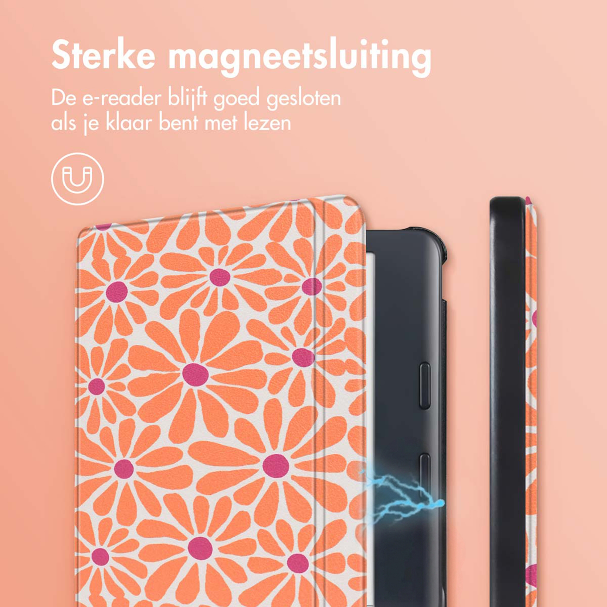 E-reader case with floral pattern and magnetic closure. Light pink background.