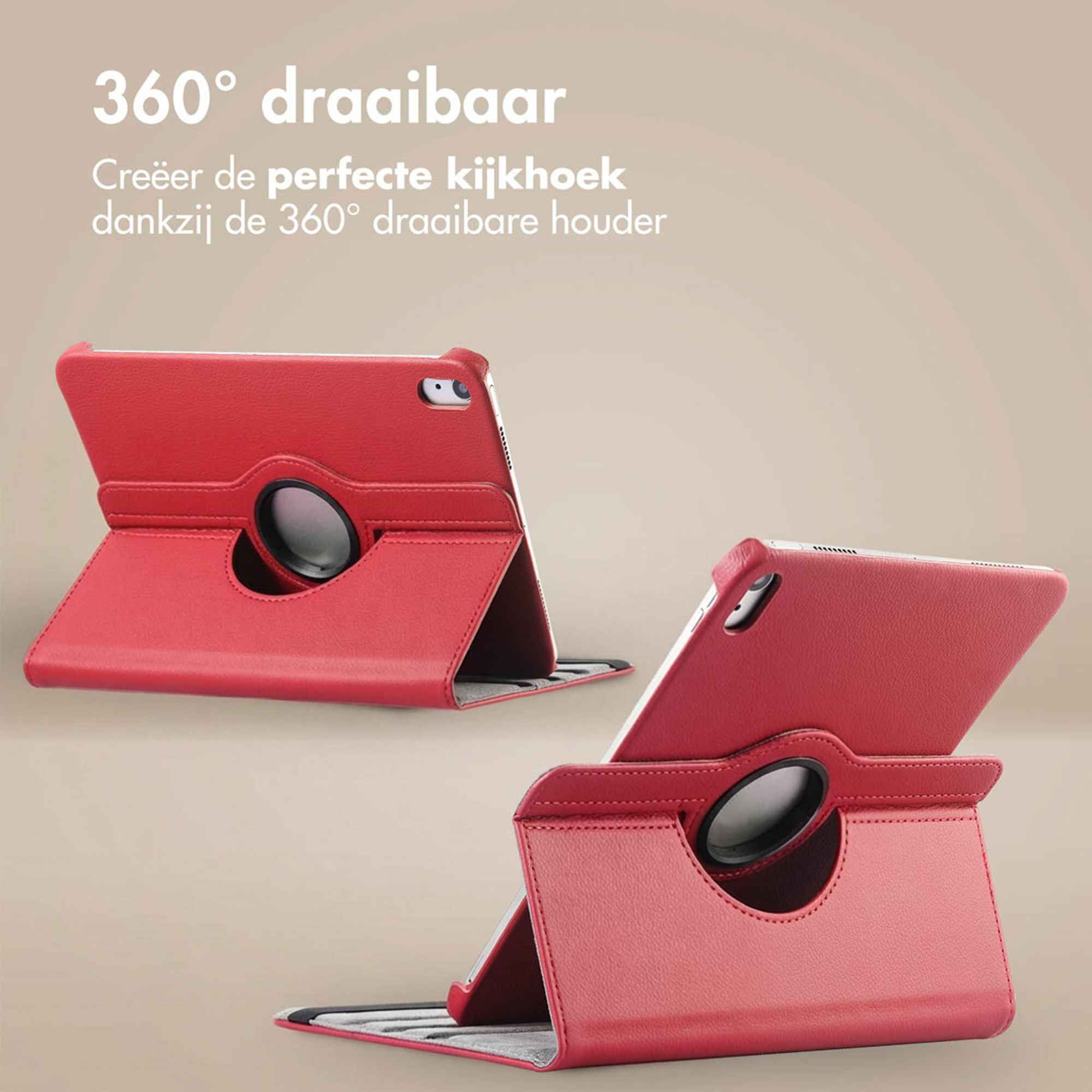 Two red tablet cases with 360-degree rotating feature, on a neutral background.