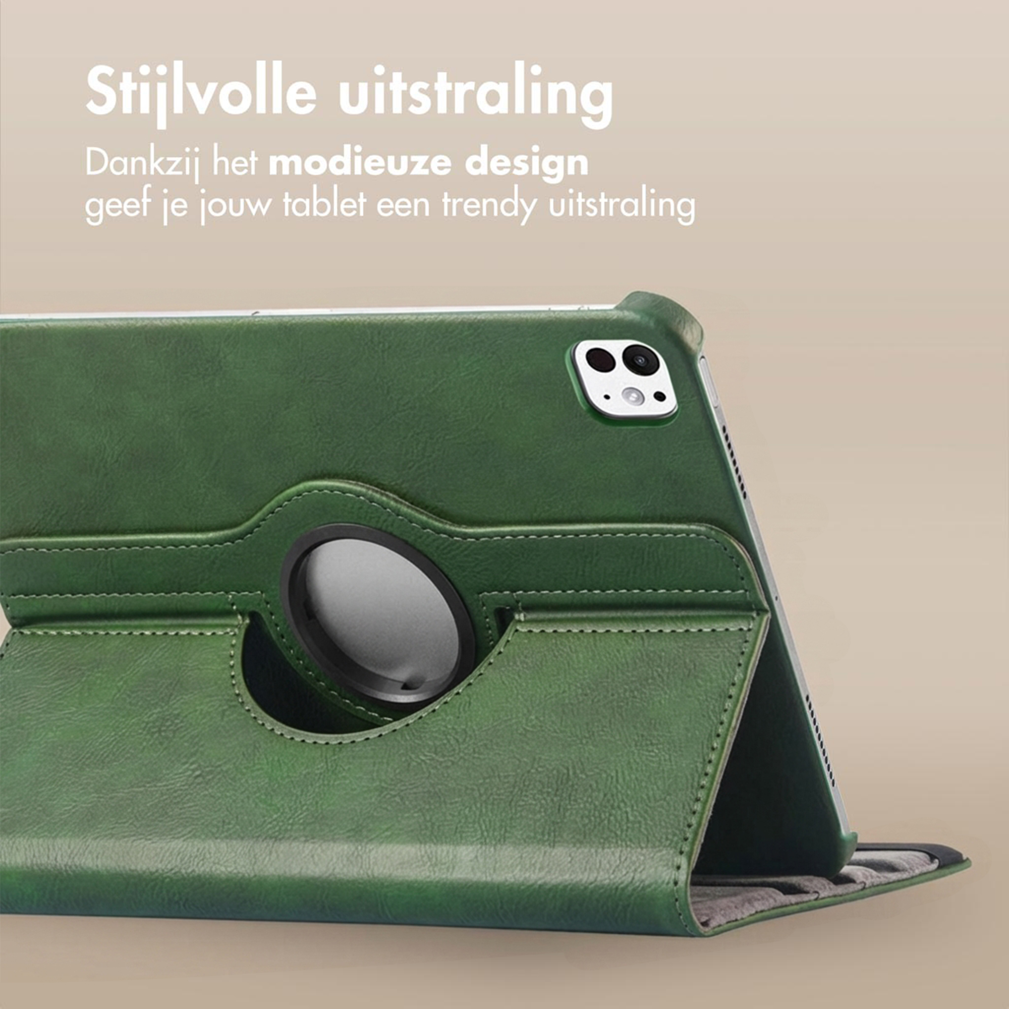 Green tablet case with a swivel stand and camera cutout.