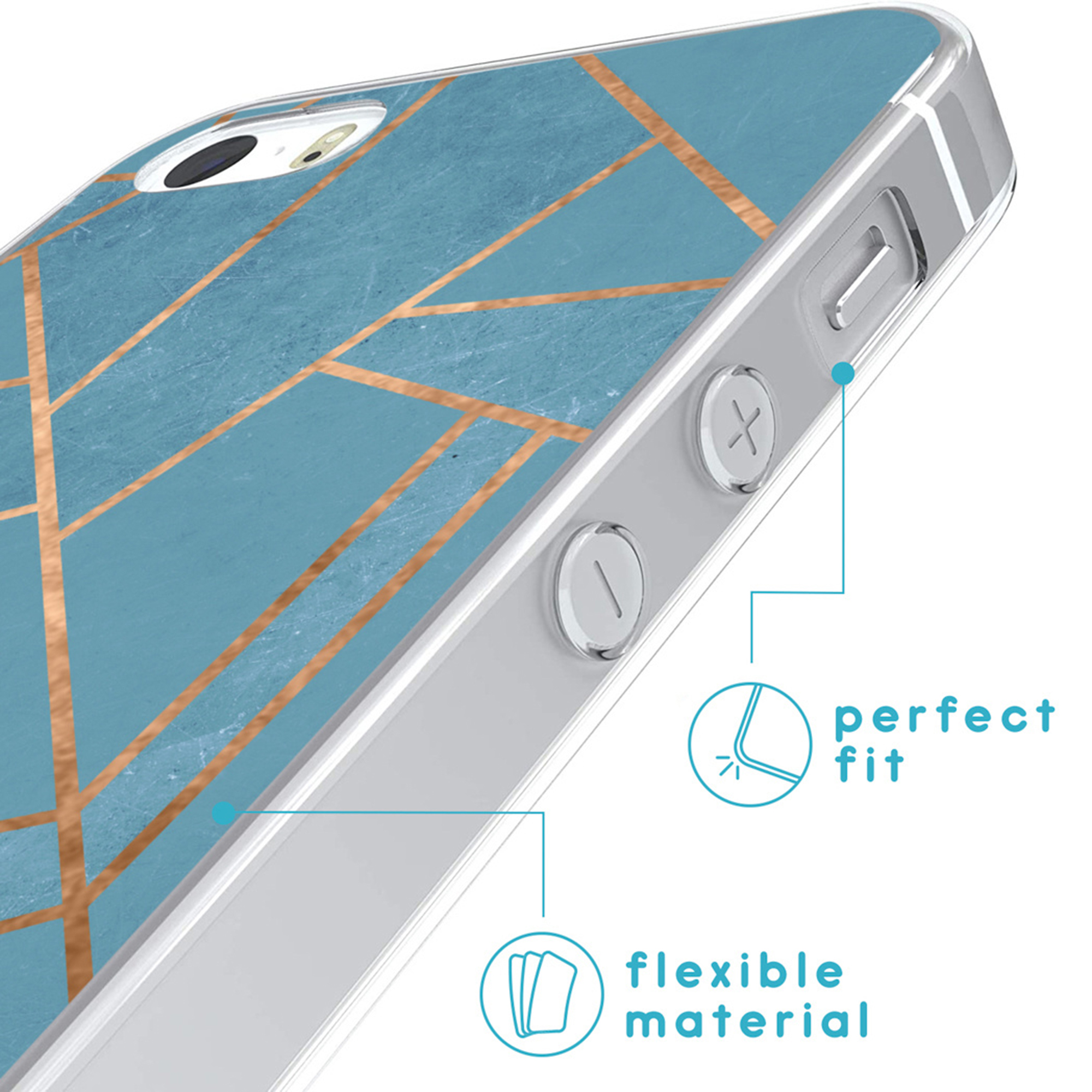 Una custodia blu per telefono con motivo geometrico dorato e indicazione "perfect fit".