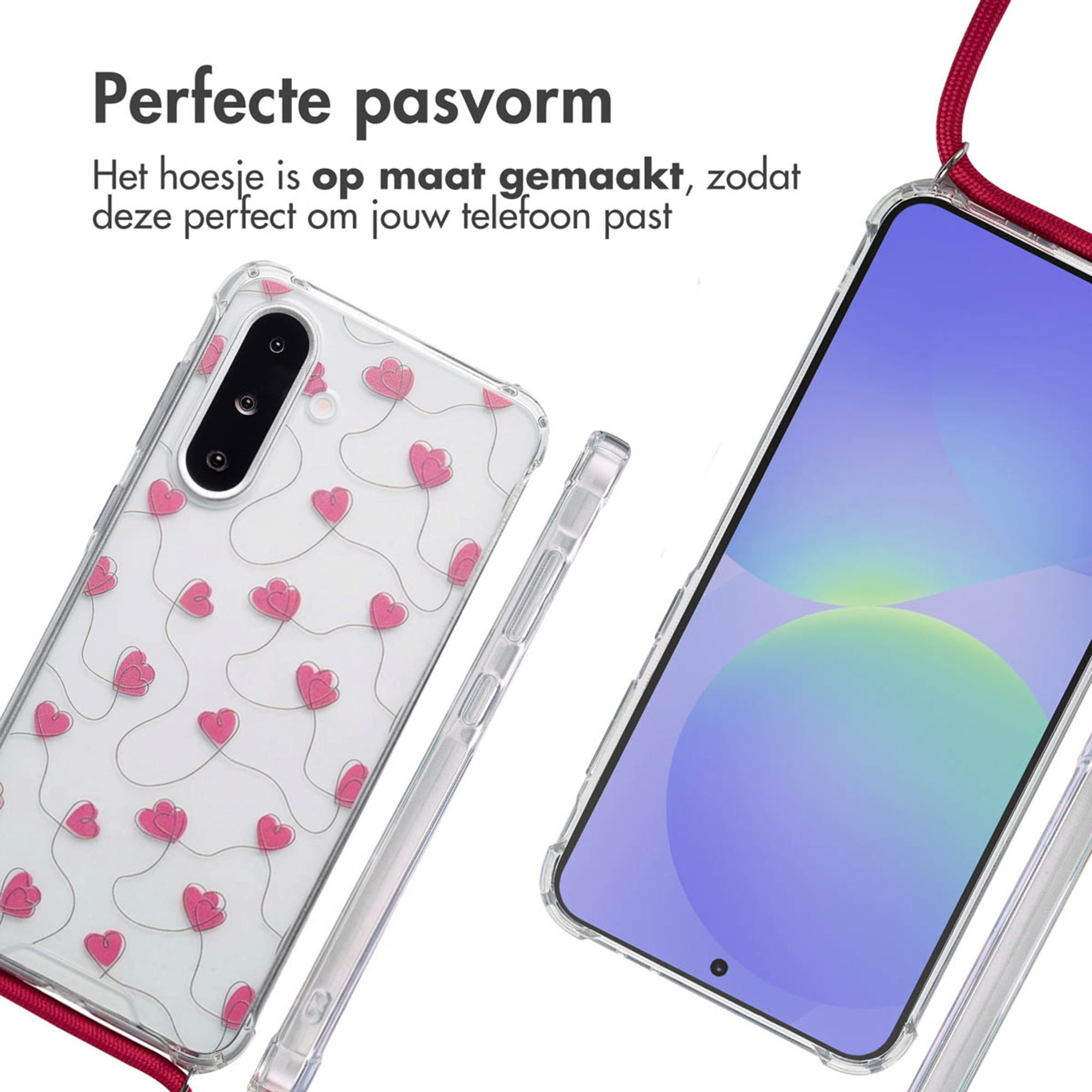 Coque de téléphone transparente avec cœurs roses et lanière rouge.