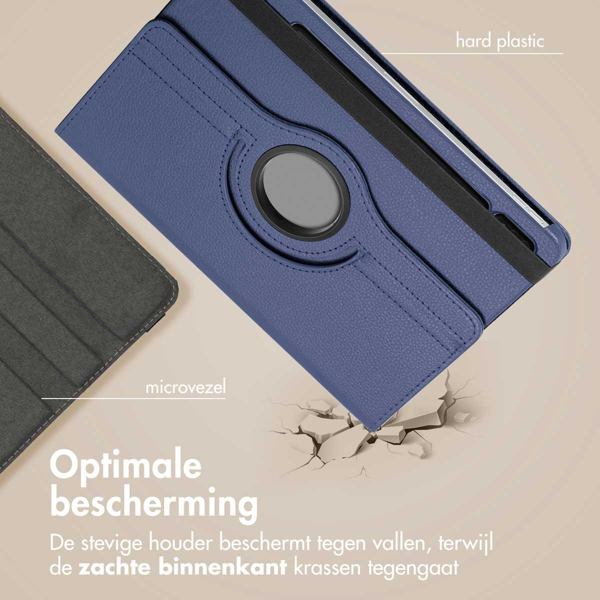 Blauw tablethoes met microvezel voering en hard plastic elementen.