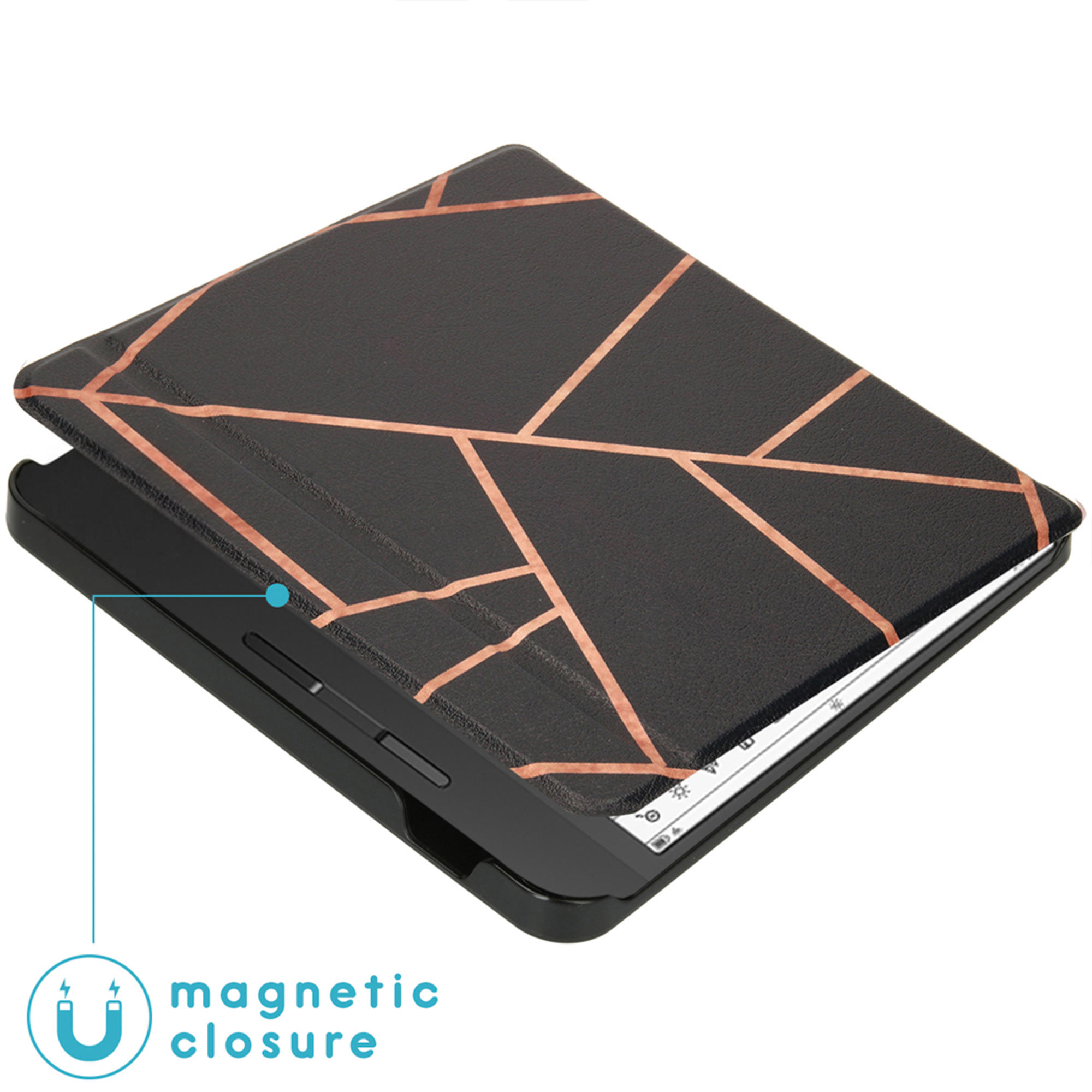 Een zwarte e-reader met een hoes met geometrisch patroon in roségoud.