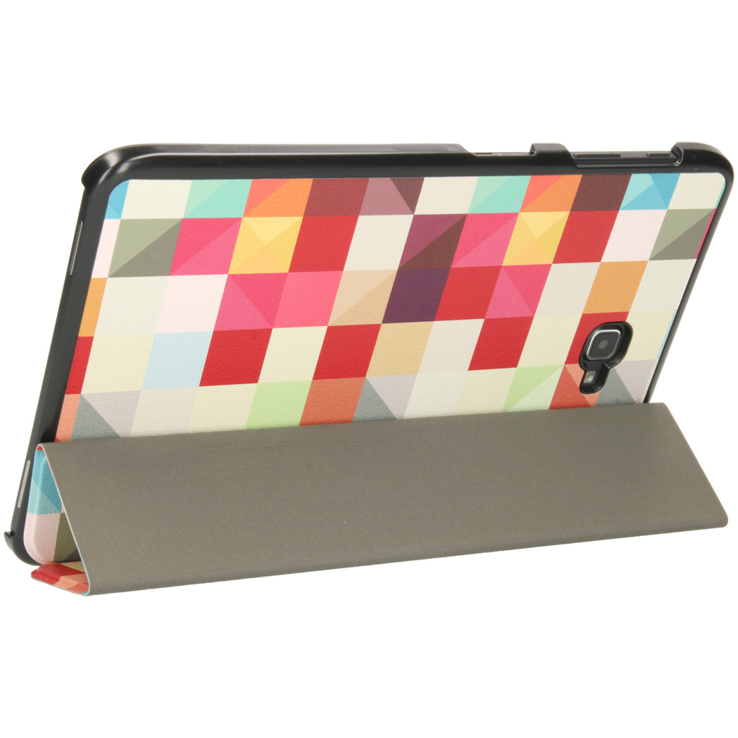 A tablet with a colorful geometric pattern in a gray stand on a white background.