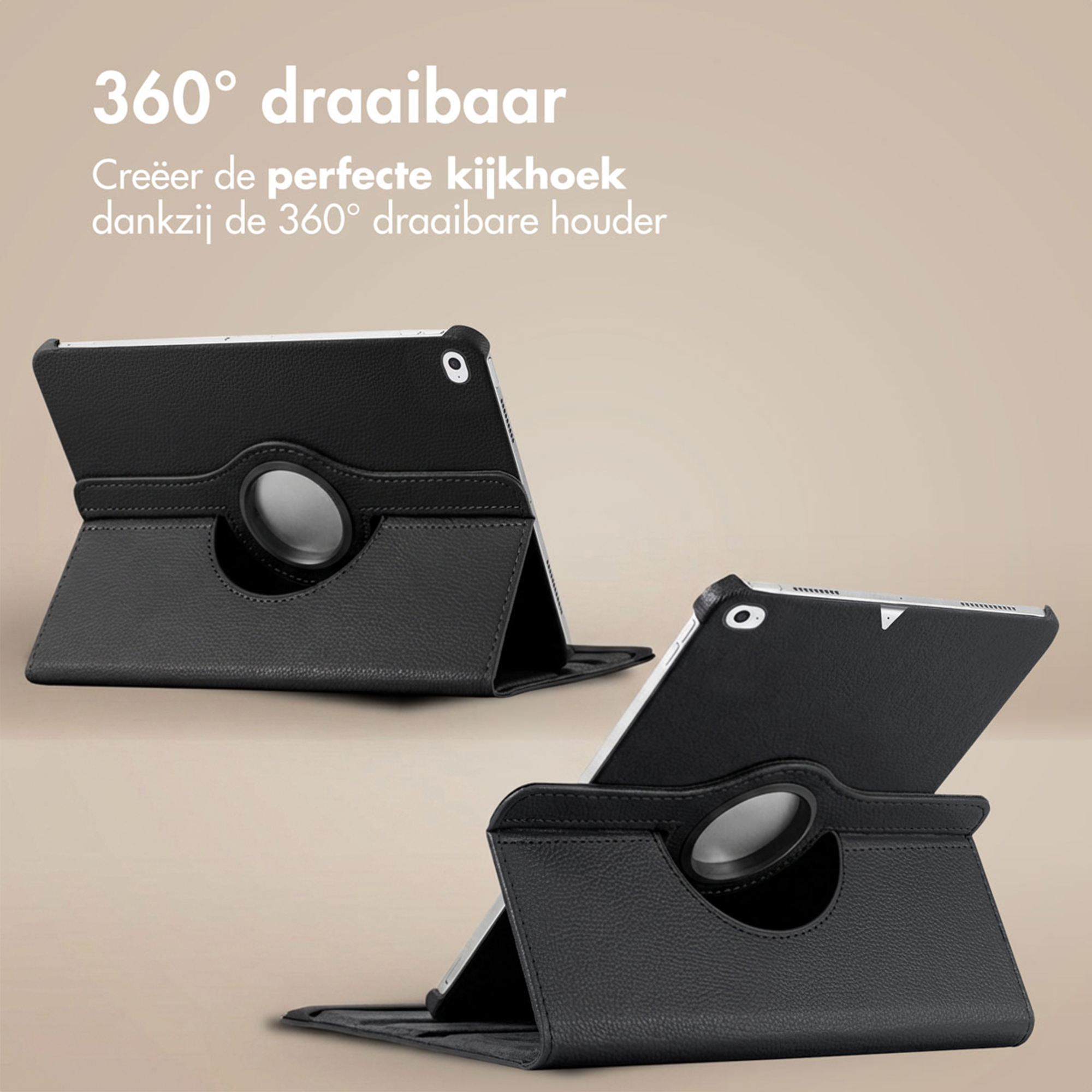 Black tablet case with 360-degree rotation, standing on a table.