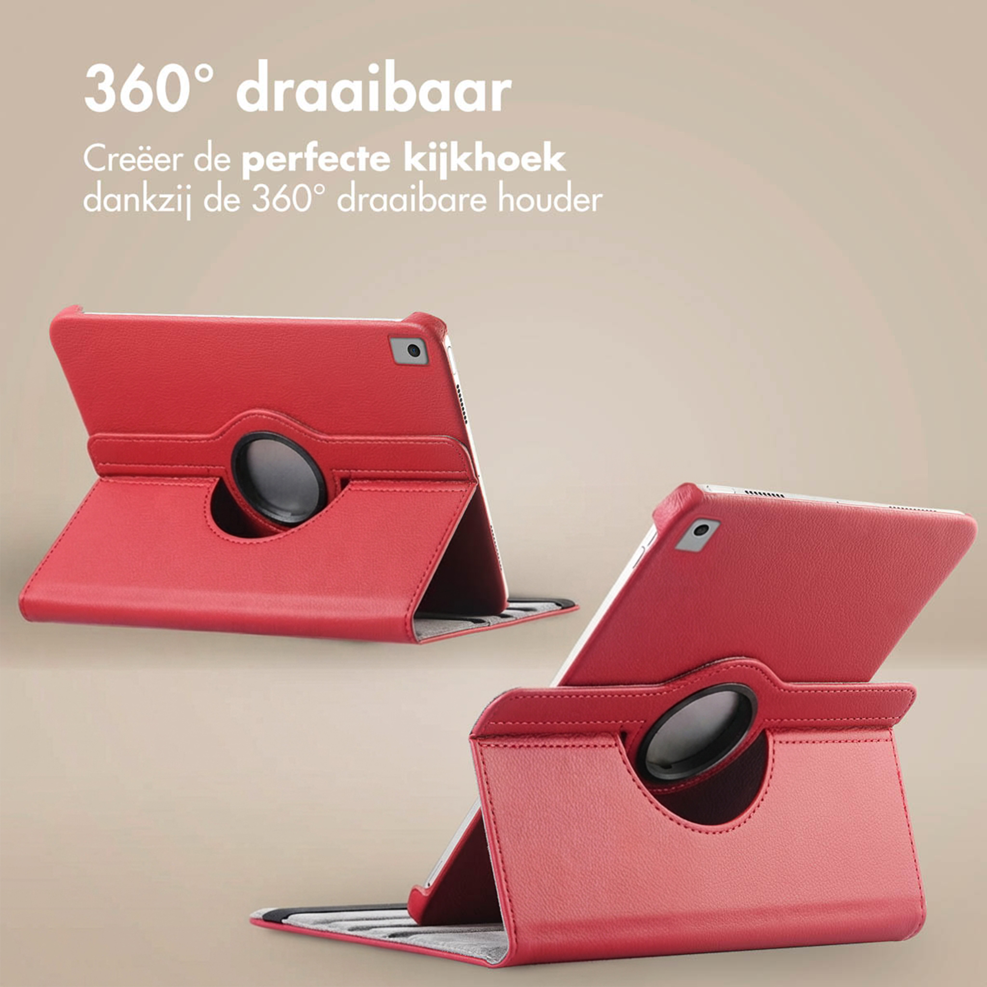 Deux étuis rouges pour tablette avec rotation à 360 degrés sont présentés sur fond neutre.