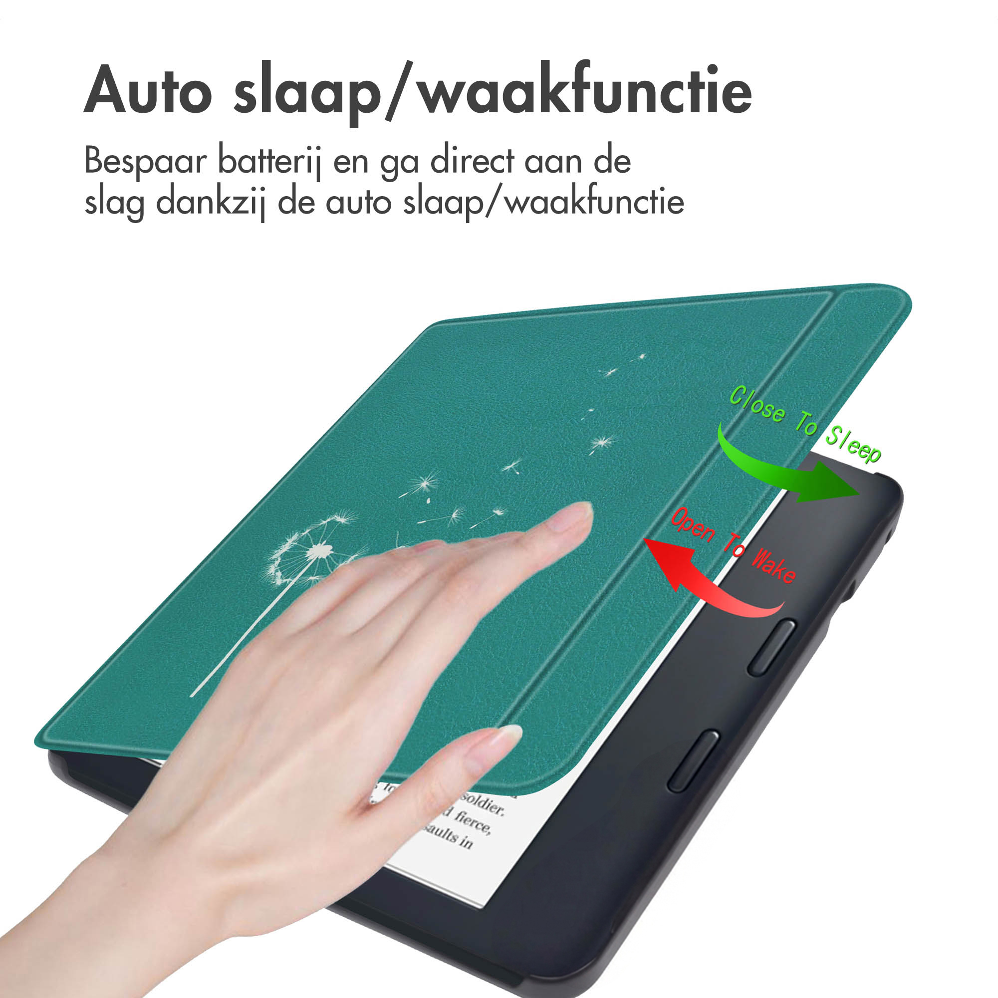 Une main ouvre une couverture verte de liseuse avec un motif de pissenlit pour la réveiller.