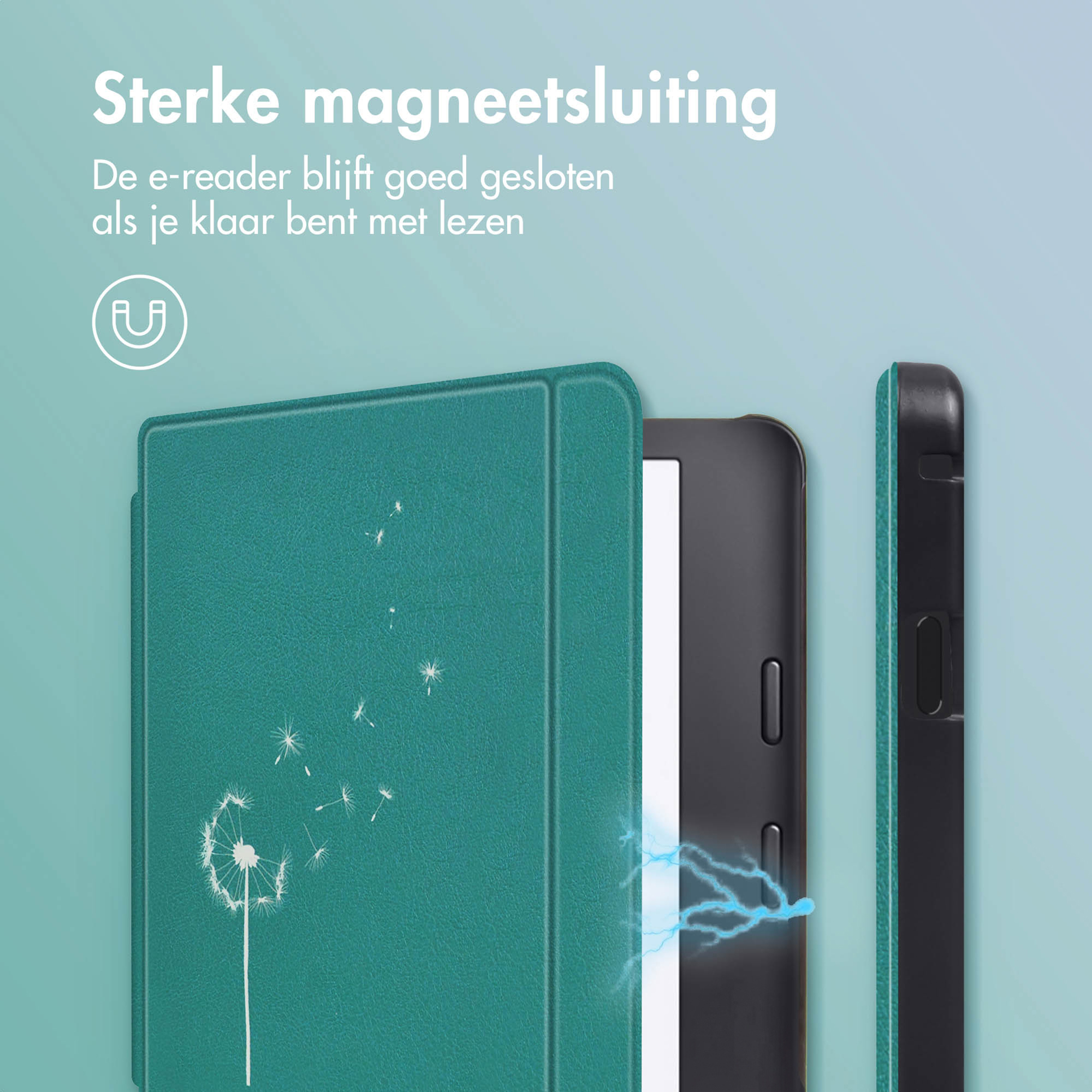 Étui turquoise avec motif pissenlit et fermeture magnétique, protégeant une liseuse.