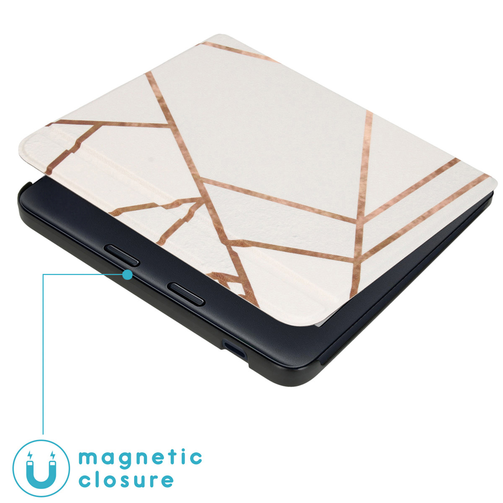 Une tablette avec motif marbre blanc et lignes or rose, fermeture magnétique.