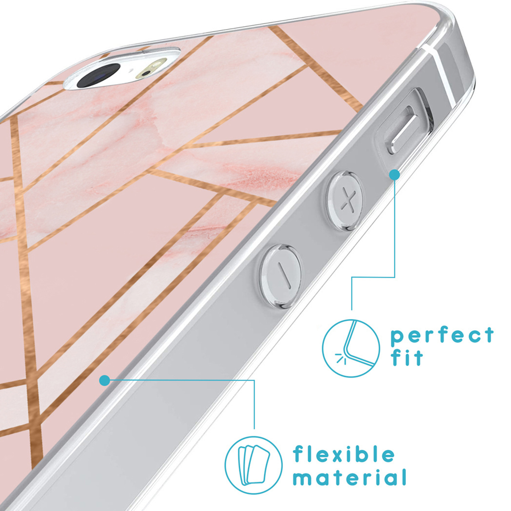 Una custodia per telefono rosa con motivo marmorizzato e linee dorate.