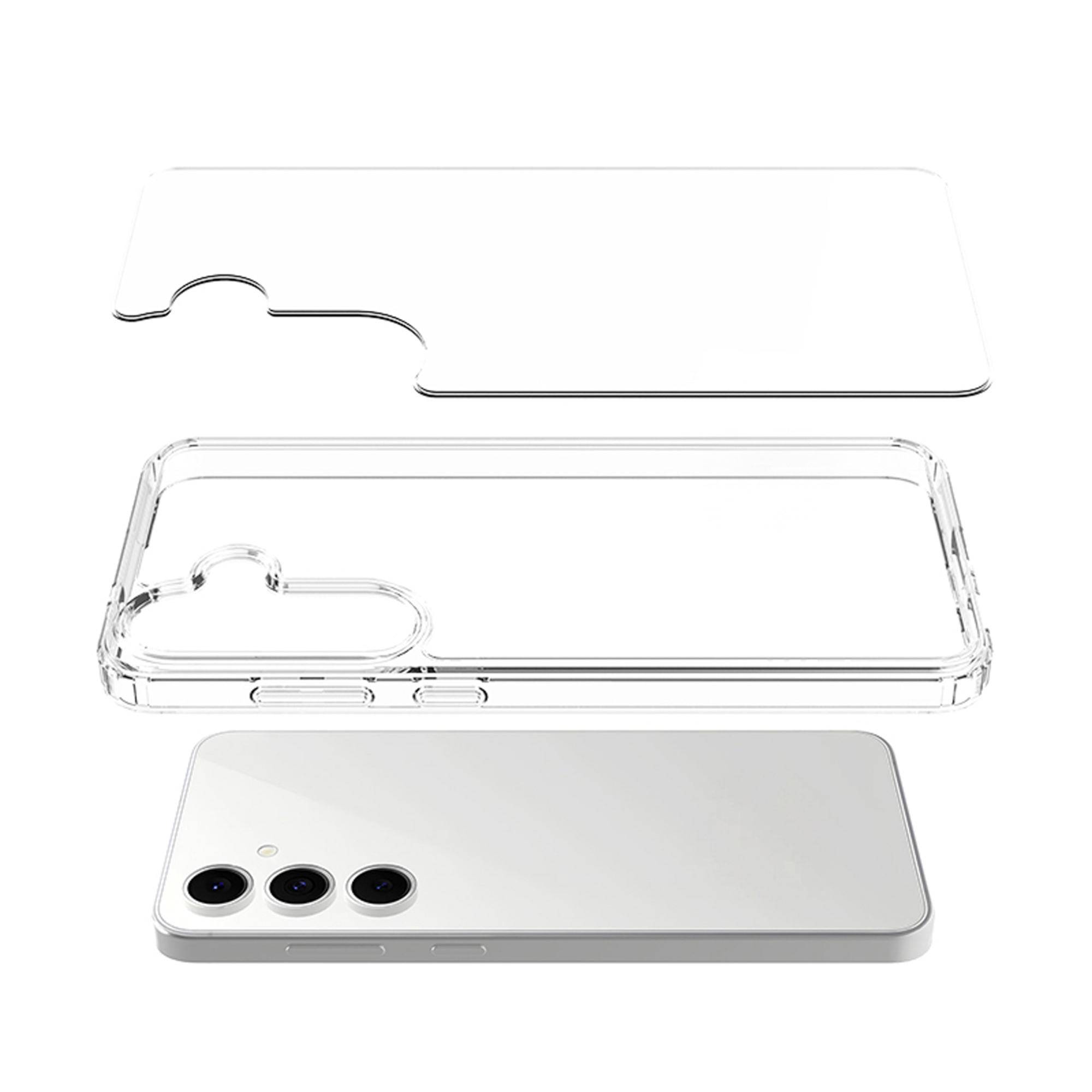 Een doorzichtige telefoonhoes en screenprotector boven een witte smartphone.