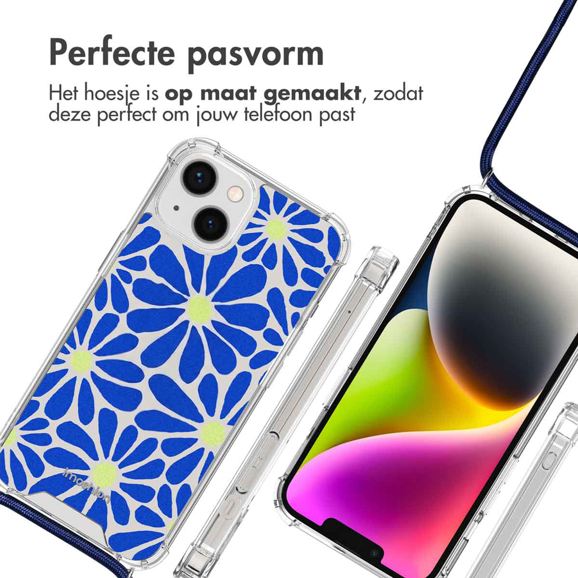 Coque transparente à motif floral bleu avec cordon.