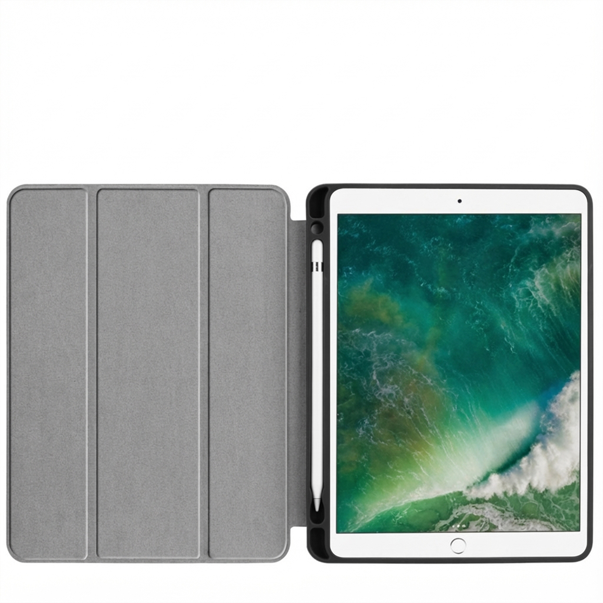 A gray tablet case is open, revealing a tablet with a green water wallpaper. A stylus is attached.