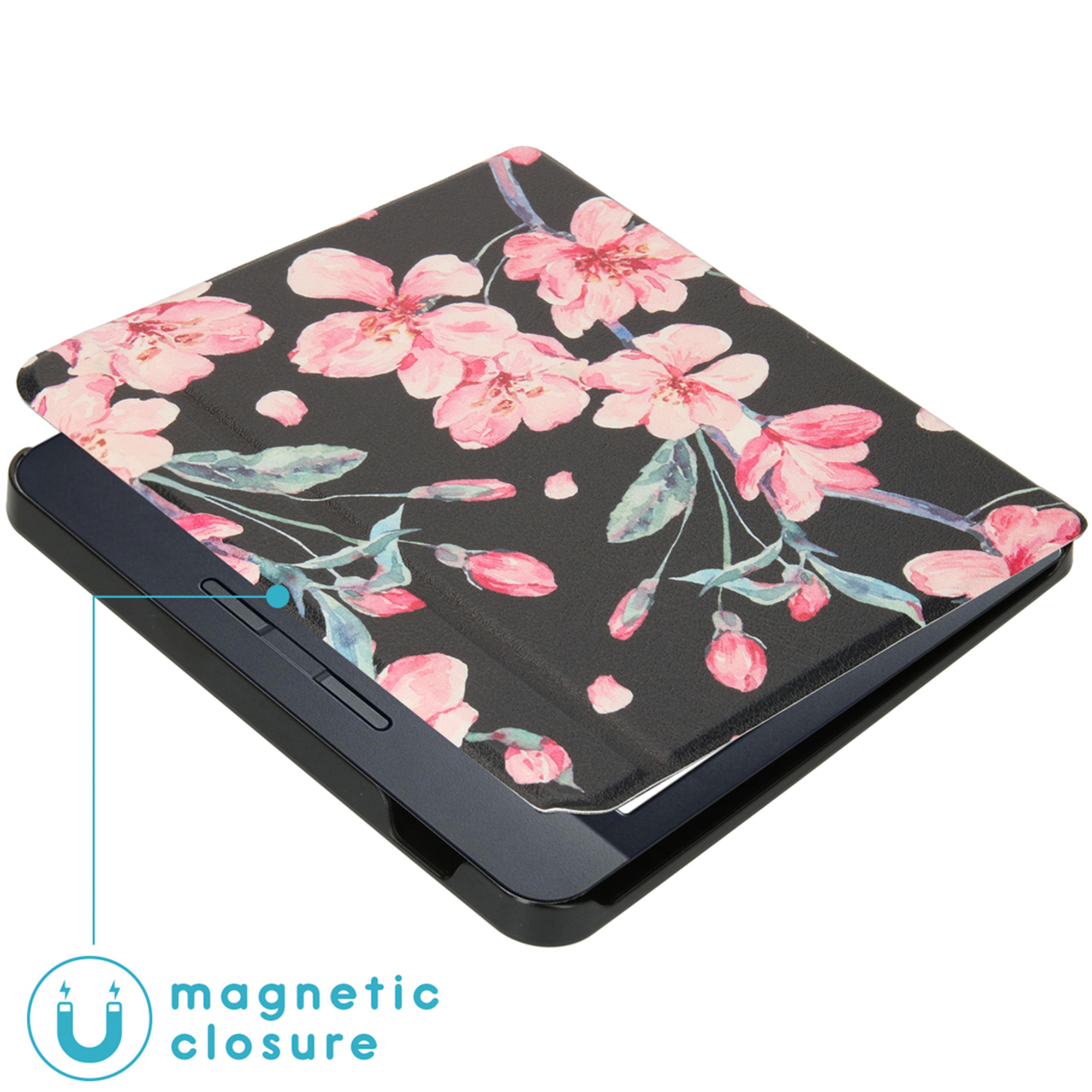 Zwarte tablethoes met roze bloemenpatroon en magnetische sluiting.