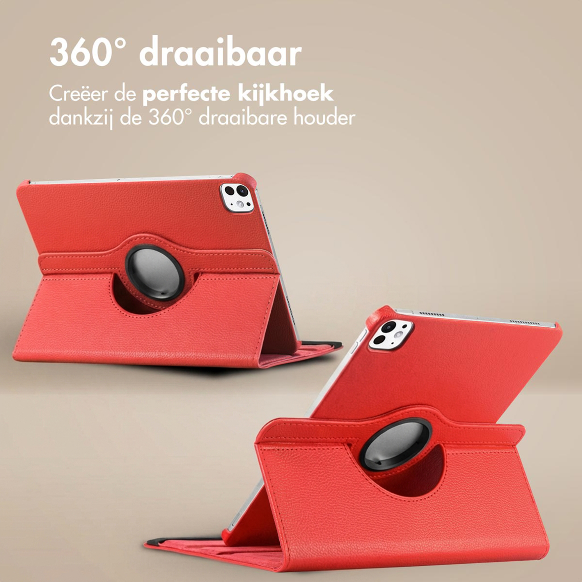 Rode tablethoes met 360 graden draaifunctie en ingebouwde standaard.