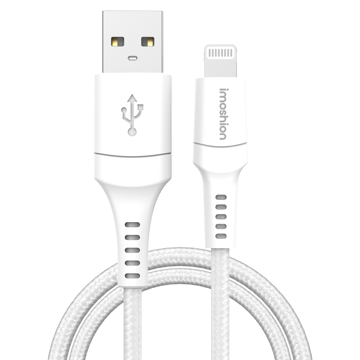 Un câble USB-A vers Lightning blanc avec cordon tressé et marque Imoshion.
