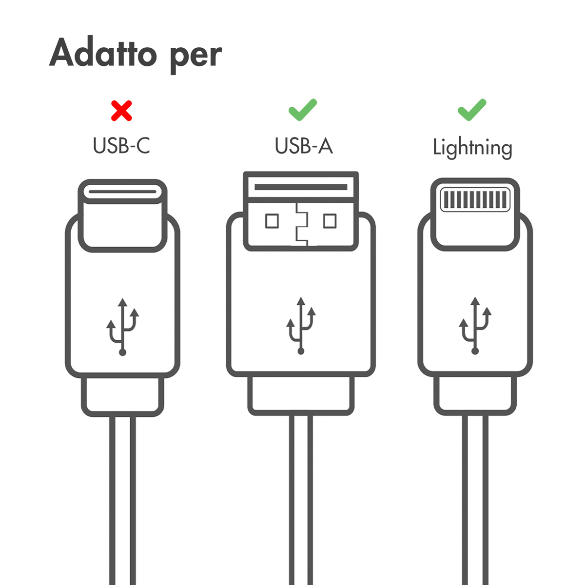 Illustration montre trois connecteurs USB : USB-C (X rouge), USB-A (coche vert) et Lightning (coche vert).