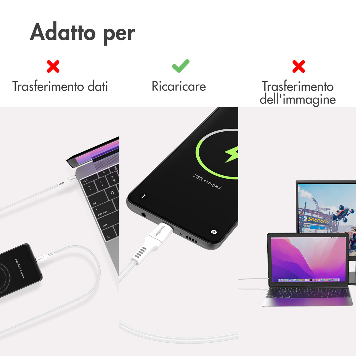 Un câble blanc relie un smartphone chargé à 75%, un ordinateur portable et un moniteur.