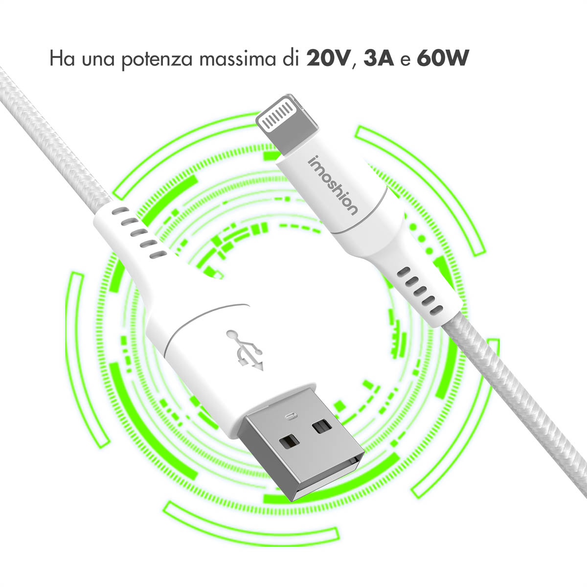 Câble de chargement blanc avec connecteur USB-A et Lightning, entouré de cercles verts.