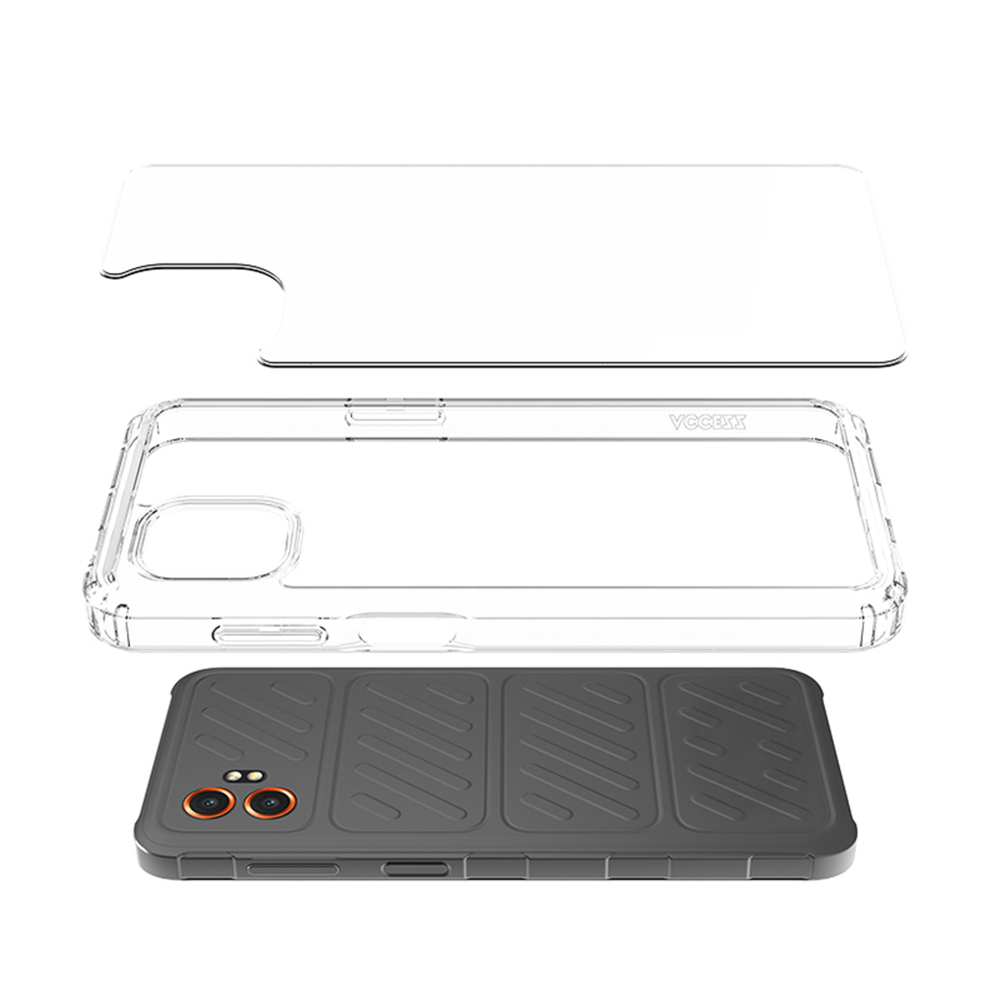 Een doorzichtige telefoonhoes en screenprotector boven een donkere telefoon.