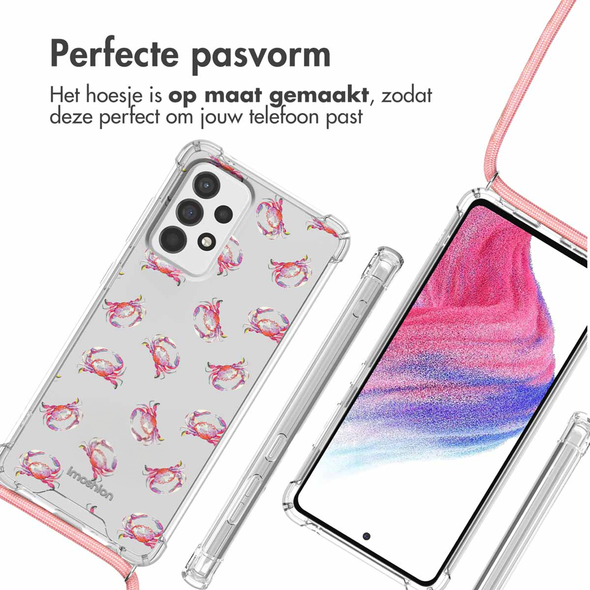 Coque de téléphone transparente avec motif crabe et cordon rose.