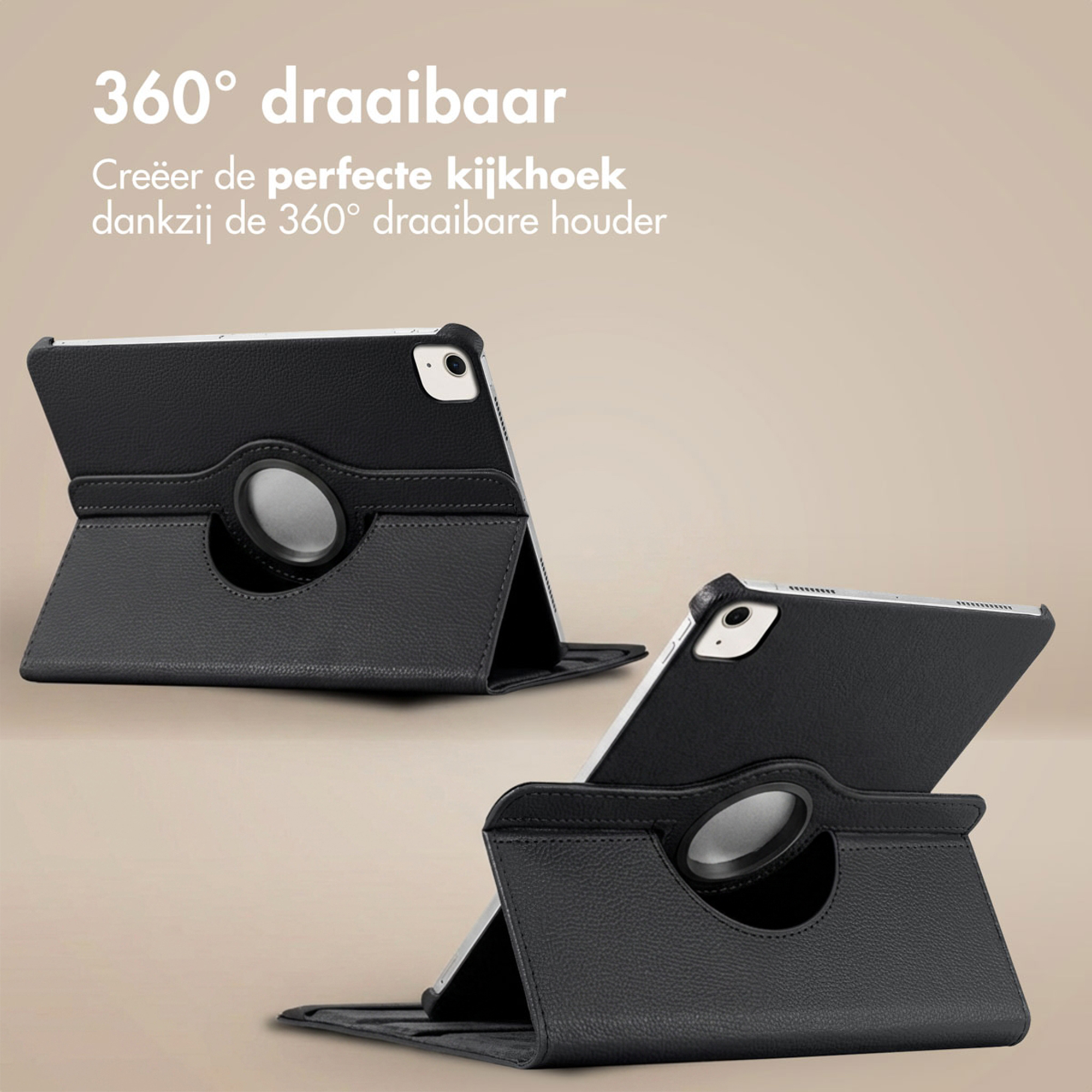 Black leather tablet case with a 360-degree rotating stand, shown in two angles.