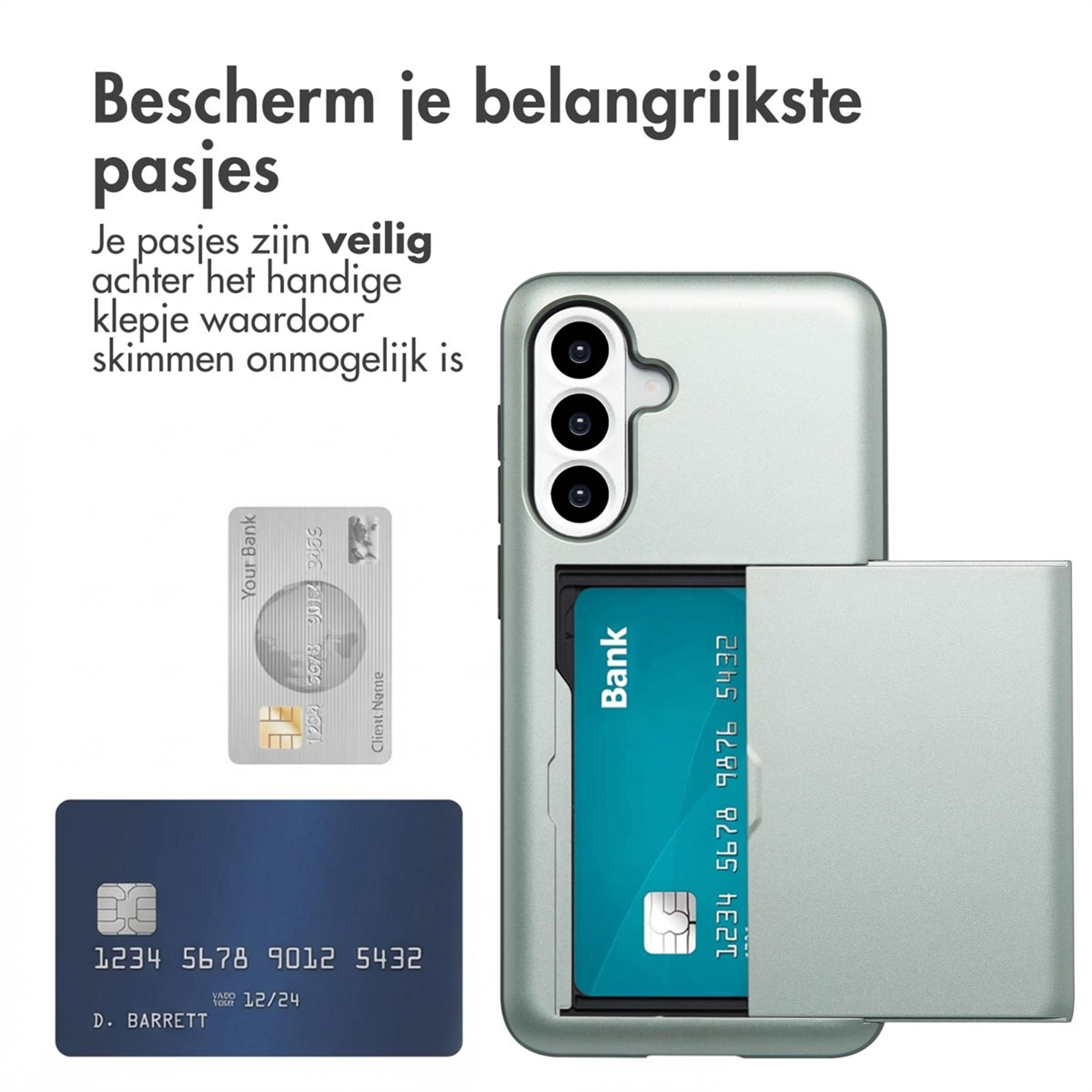 Een lichtgroene telefoon met kaarthouder en kaarten.