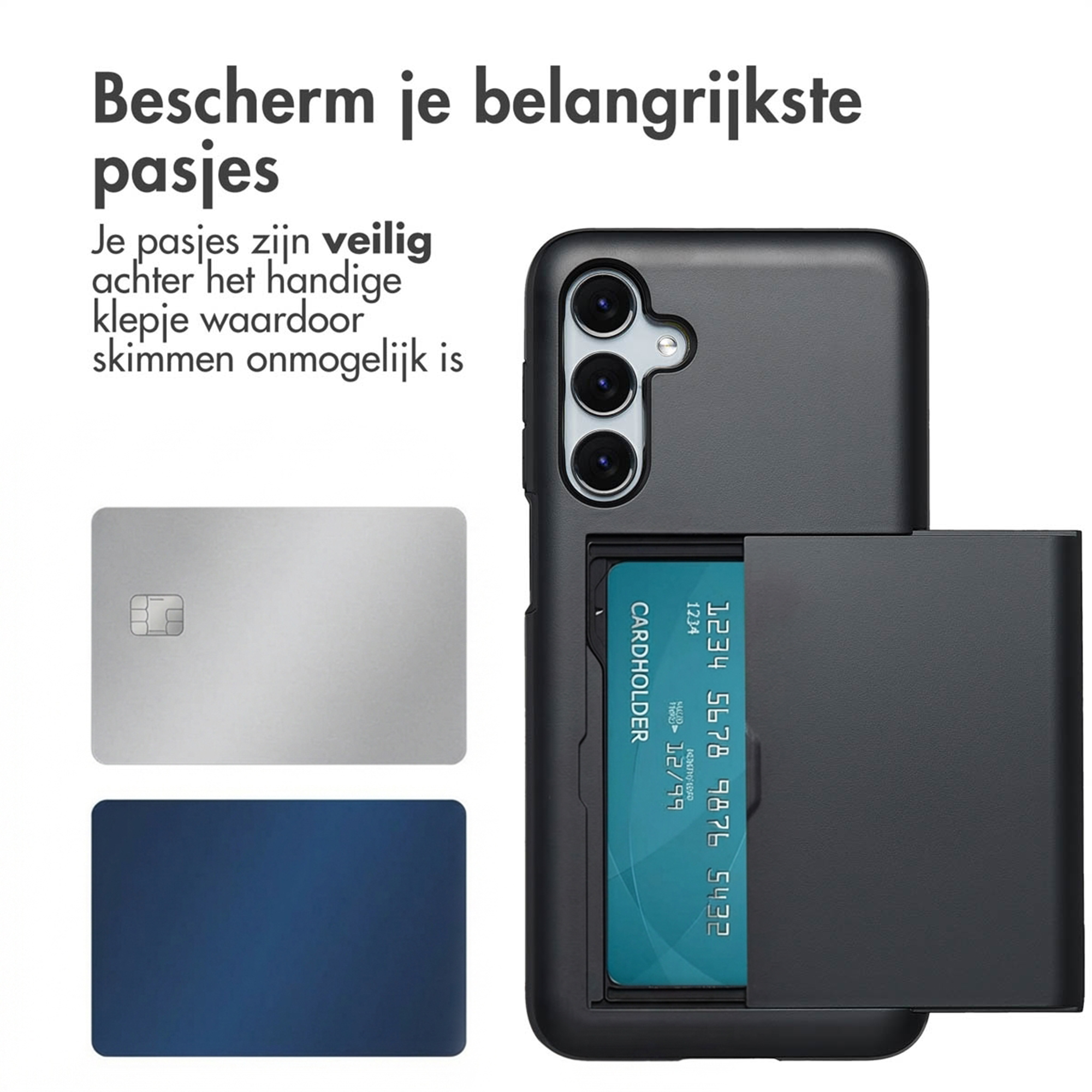 Zwarte telefoonhoes met kaarthouder, toont een zilveren en een blauwe kaart.