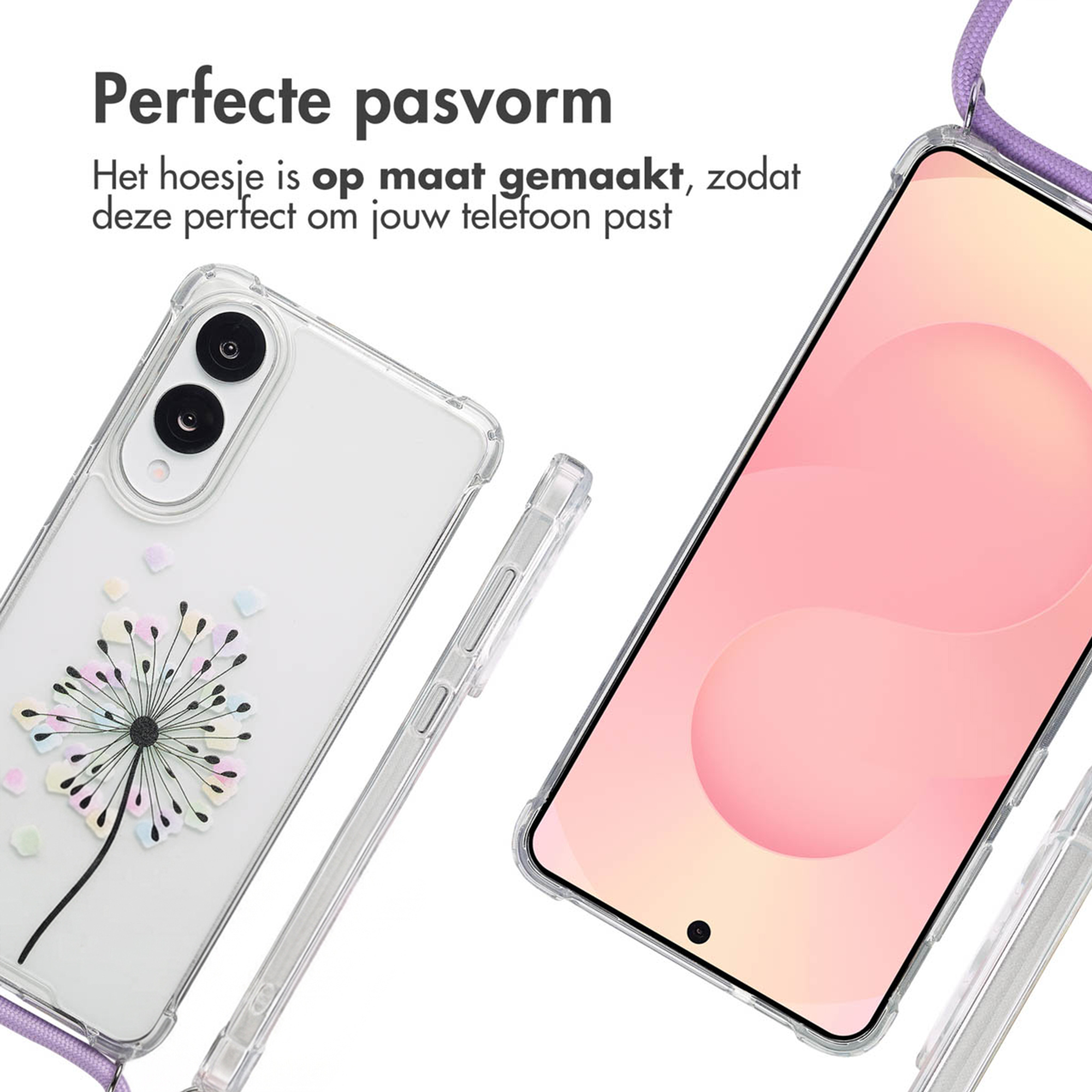 Doorzichtige telefoonhoes met lavendelkoord en bloemontwerp.