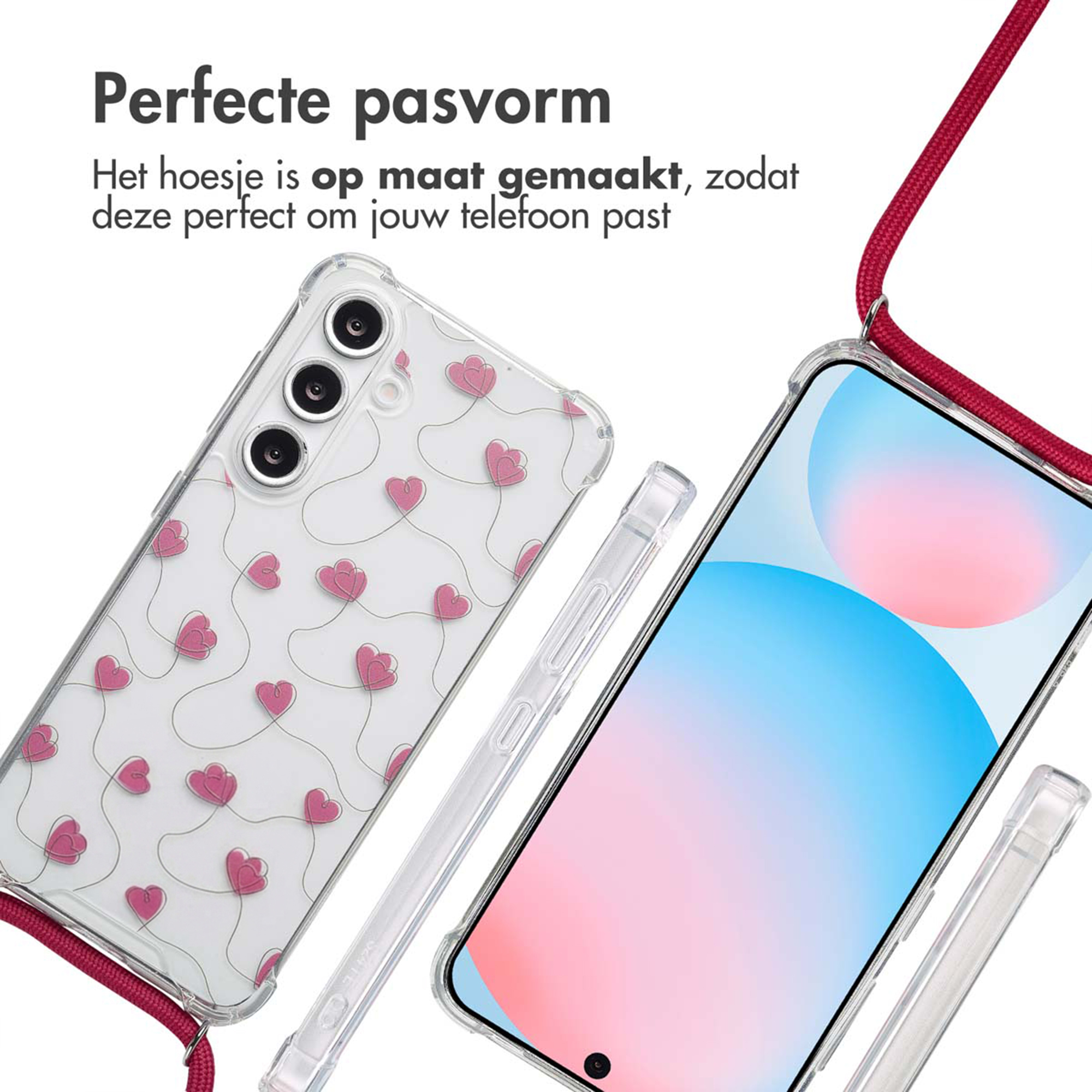 Coque de téléphone transparente avec cœurs roses et lanière rouge, près d'un smartphone.