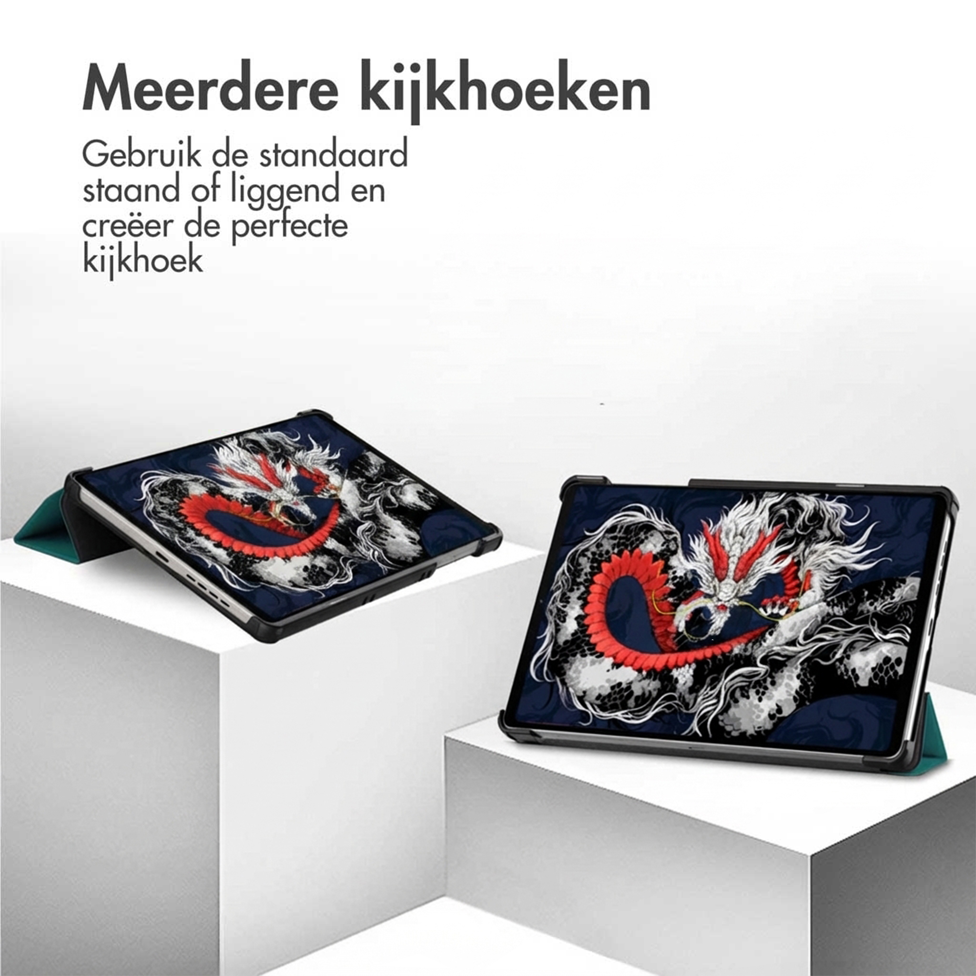 Twee tablets met drakenontwerp op donkere achtergrond, één rechtop, één liggend.