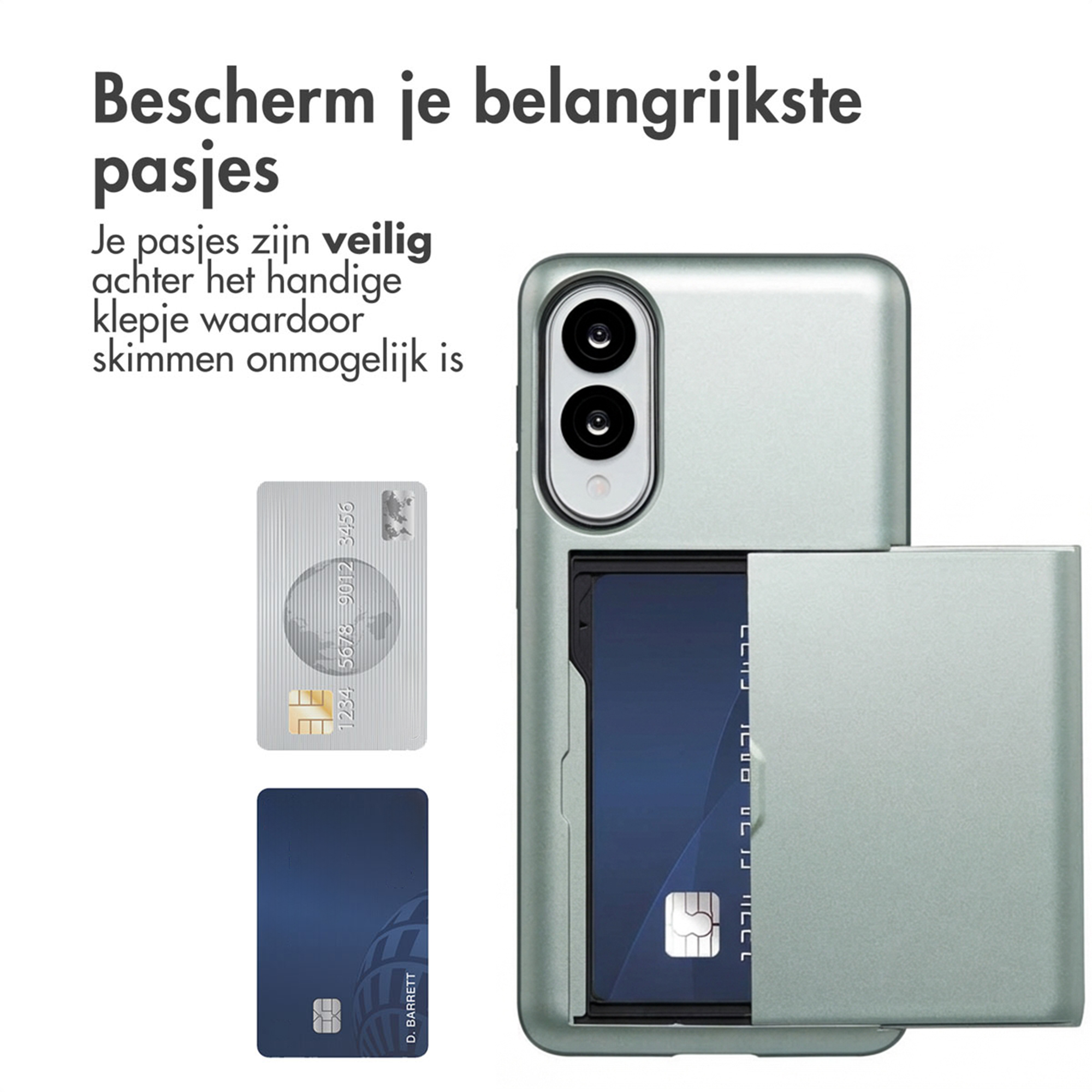Mintgroene telefoonhoes met kaarthouder; twee creditcards zichtbaar.