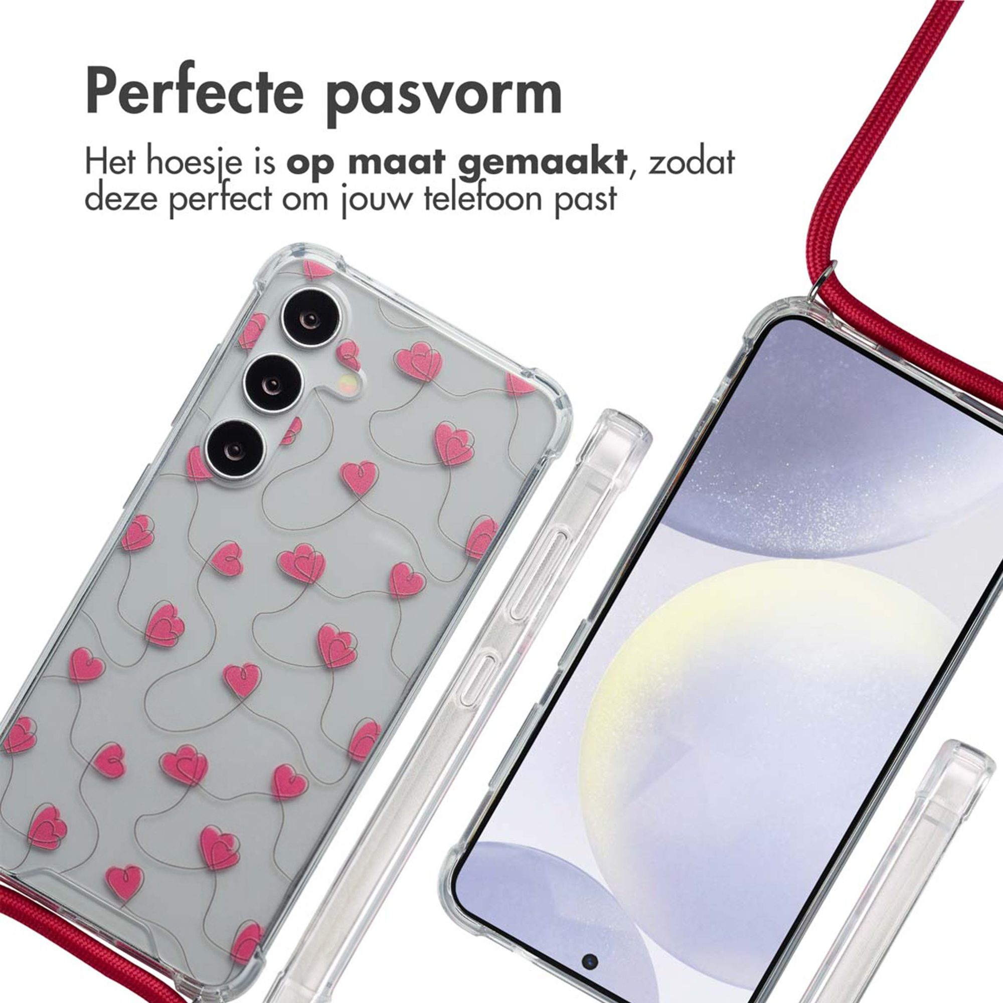 Coque transparente avec cœurs roses et cordon rouge.