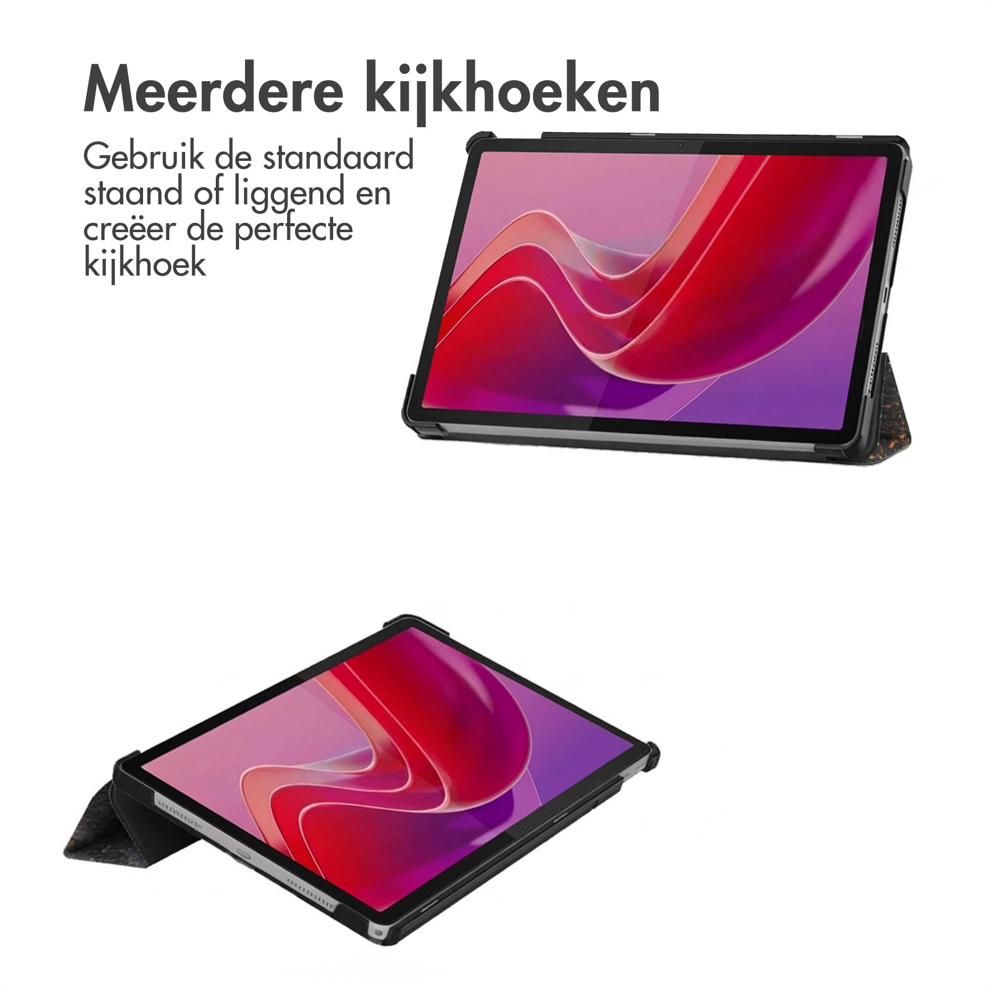 A tablet in a black case, propped up with a red and purple wallpaper.