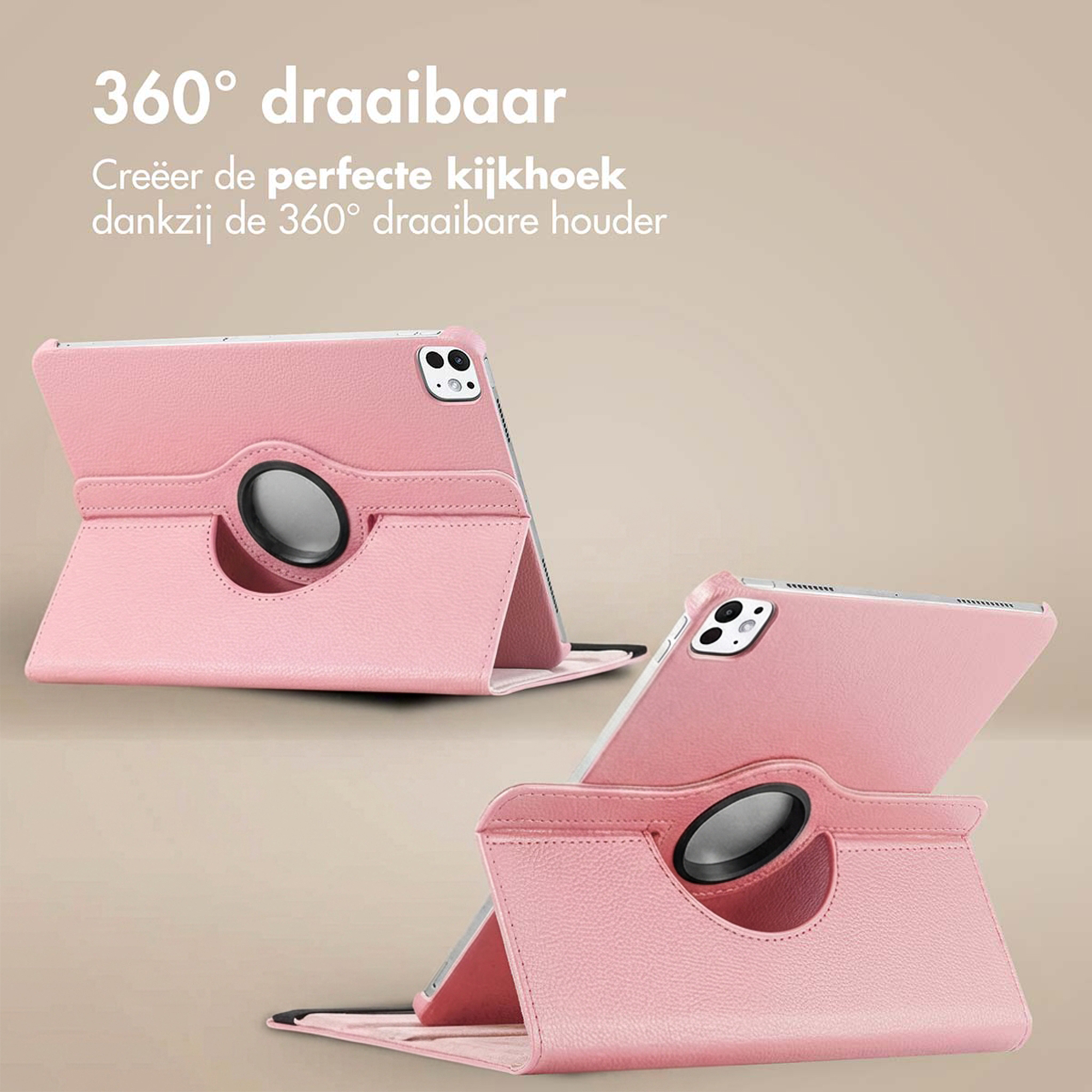 Two pink tablet cases with 360-degree rotation feature on a neutral background.