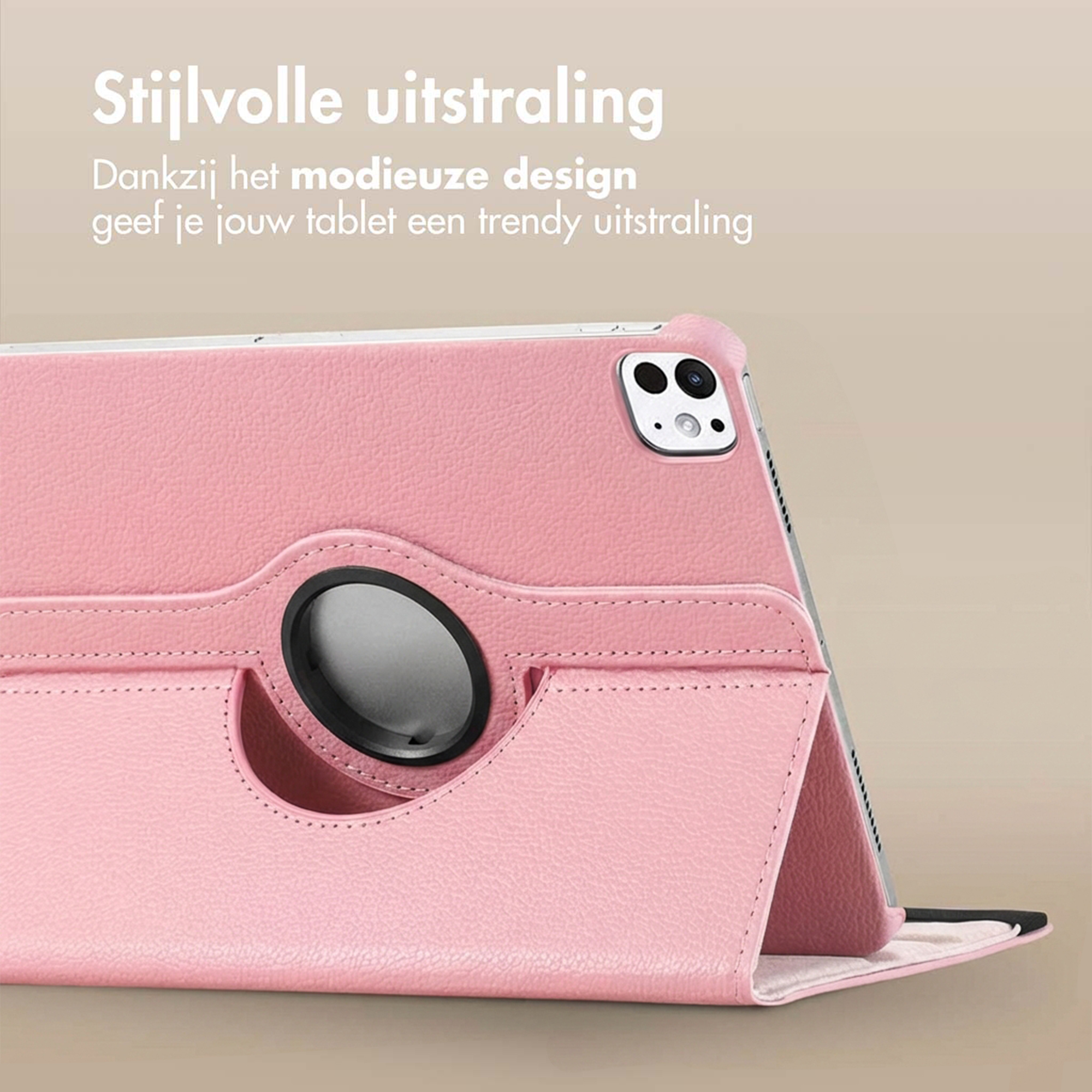 A pink tablet stand with a pen holder and camera cutout.