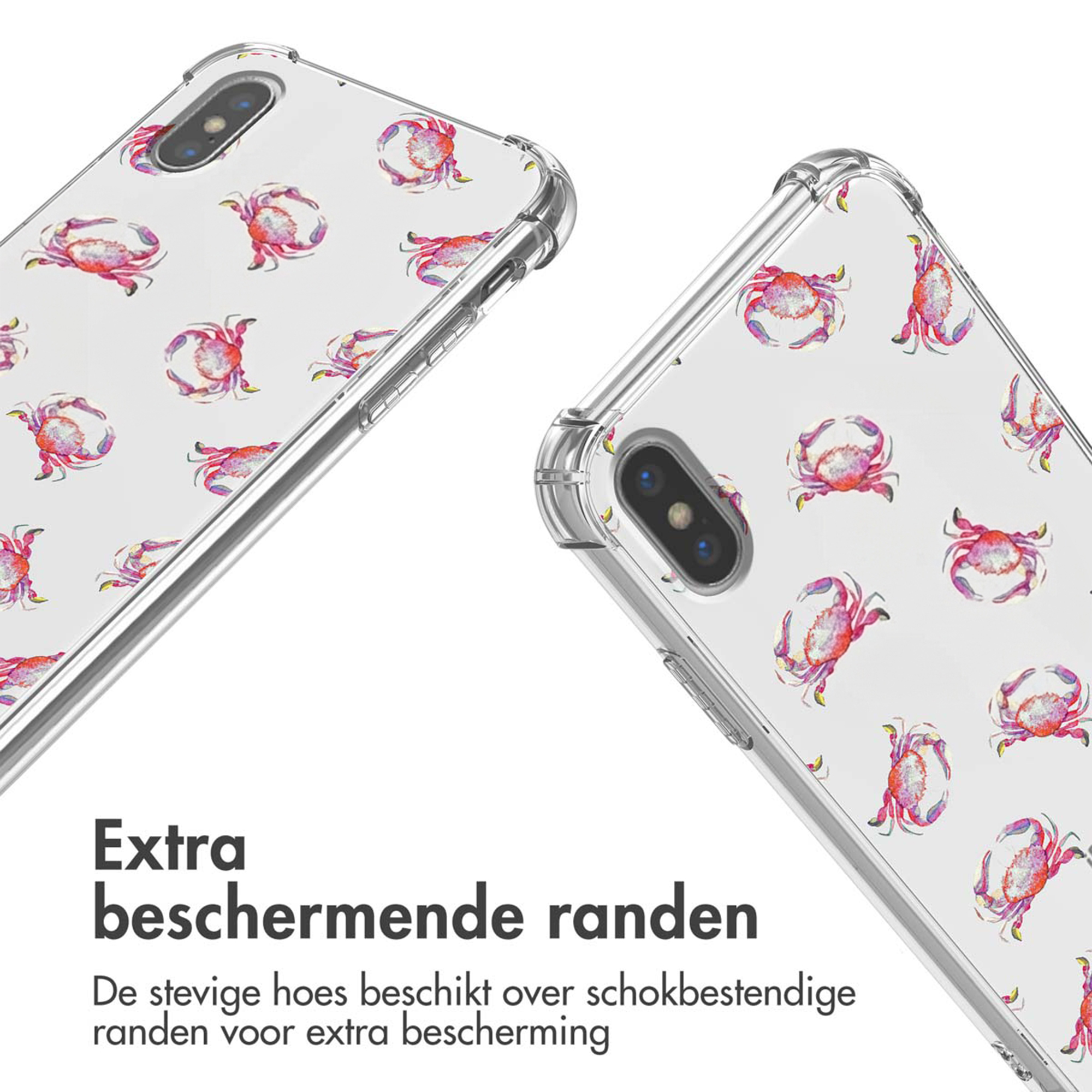 Transparante telefoonhoes met krabbenprint en tekst 'Extra beschermende randen'.